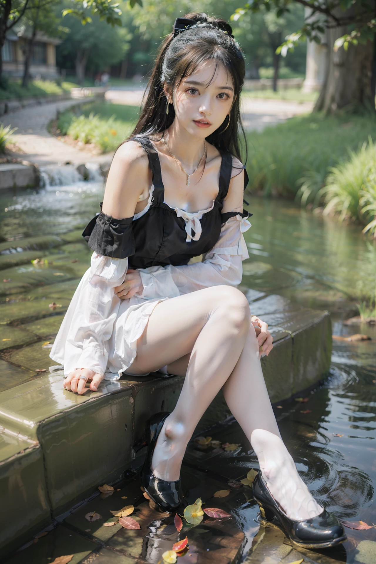 recommended positive prompts: Best quality,masterpiece,ultra high res,photorealistic,river,sunshine,1 girl,playing water,Full body,travelling,(White pantyhose:1),red|green|yellow tangzhuang,Crystal shoes,(perfect eyes, perfect face, perfect lighting, parted lips, best lighting,highly detailed skin, looking at viewer),black hair,hairpins,necklaces,earrings,hair accessories,unfolding posture,ring,slim and even legs,