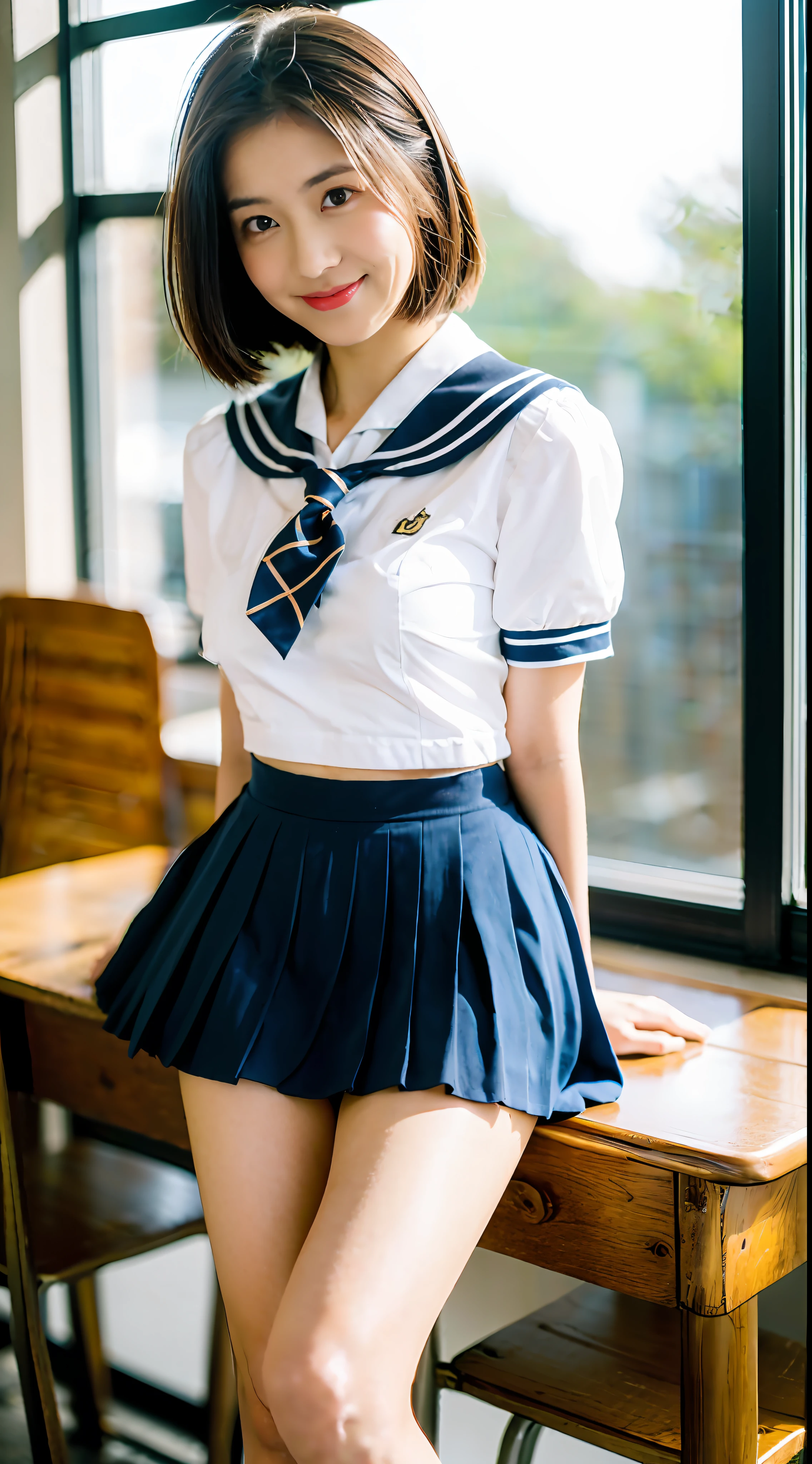 Woman in school uniform leaning on chair, (1.2 (1 Japan schoolgirl posing), Japan school uniform, Japan school uniform, Japan girl uniform, cute schoolgirl, school girl, school uniform, summer clothes, in school classroom, in classroom ((realistic light, top quality, 8K, masterpiece: 1.3)), 1 girl, Japan woman, slim beautyAbs: 1.4, Abs: 1.1, (brown hair, middle breast: 1.3), (brown hair, middle breasts: 1.3), super beautiful face, delicate eyes, double eyelids, smile, short cut, short hair, fair skin, big, long lashes, (Pure white underwear 1.2)), ((Navy blue socks 1.2)), 1 girl, ((white short-sleeved blouse 1.2)), (schoolgirl wearing navy blue socks 1.2)), gingham check pleated skirt, Thin thighs, arms behind back, ((Normal Japan schoolgirl uniform 1.2)), ((Legs spread pose 1.3)), solo, two thin legs, full body photo