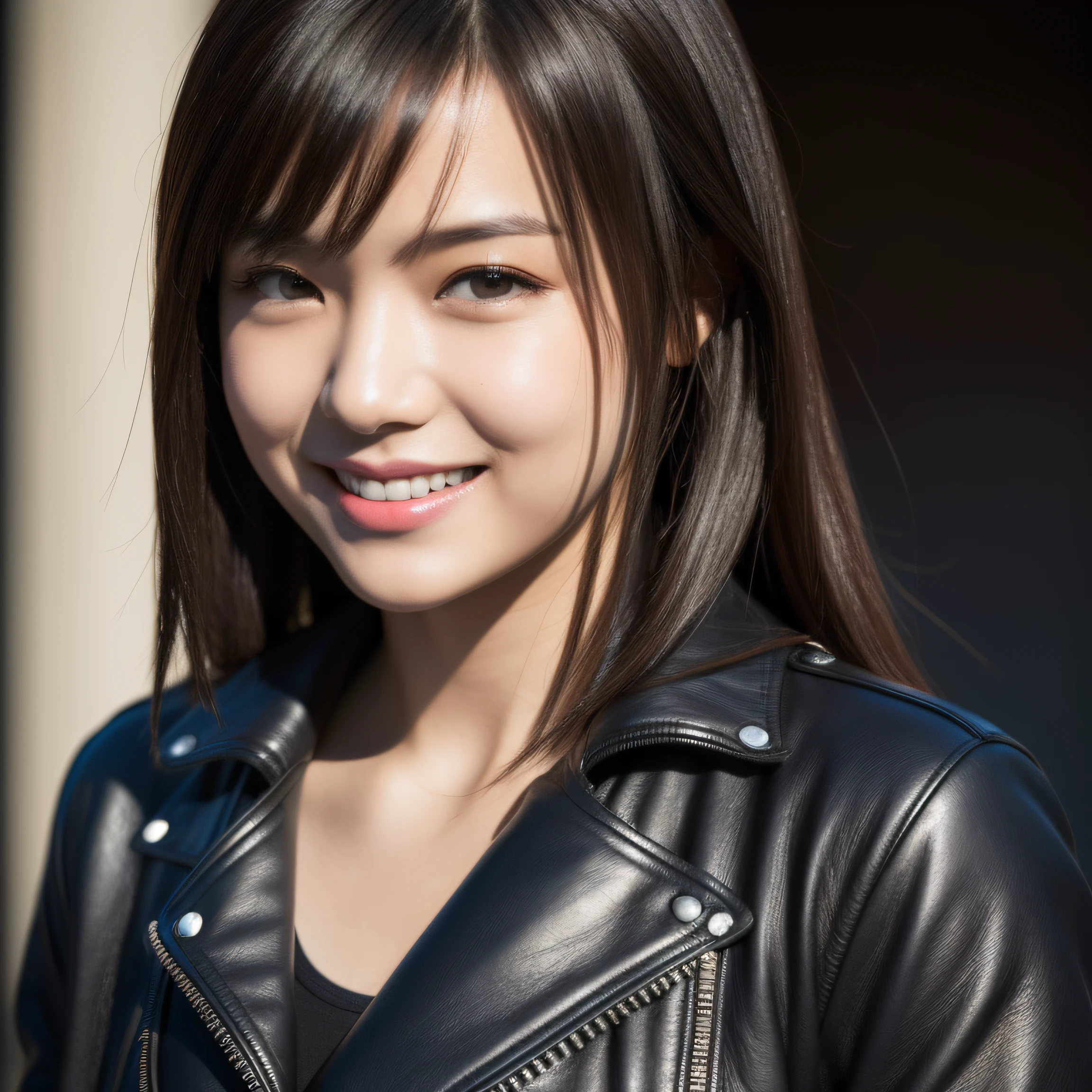 ultra-detailed, 1 girl, Asian, athletic body, realistic skin texture, long hair, (breasts:1.1), smile, gaze at viewer, motorcycle, leather jacket, cotton cropped T-shirt, no helmet, movie lighting, face focus, fine eyes, detailed face, well lit face, sunny day