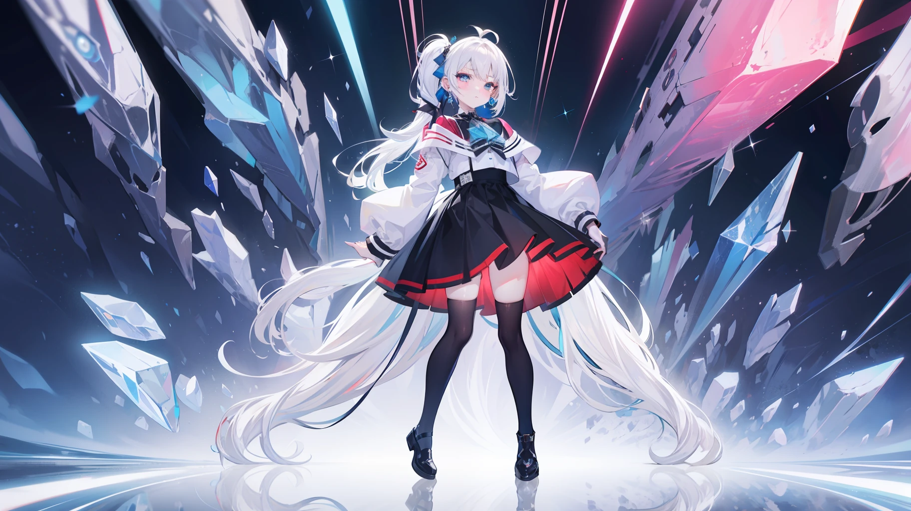 Full body like,Gothic skirt,Striped hair, White hair, Blue hair, pony tails, ribbon, Heterochromia, White eyes, Crystal earrings, Blush, Anime, in a panoramic view, reflective light, futurism, 16k, Best quality, Super detail, Anatomically correct, High details