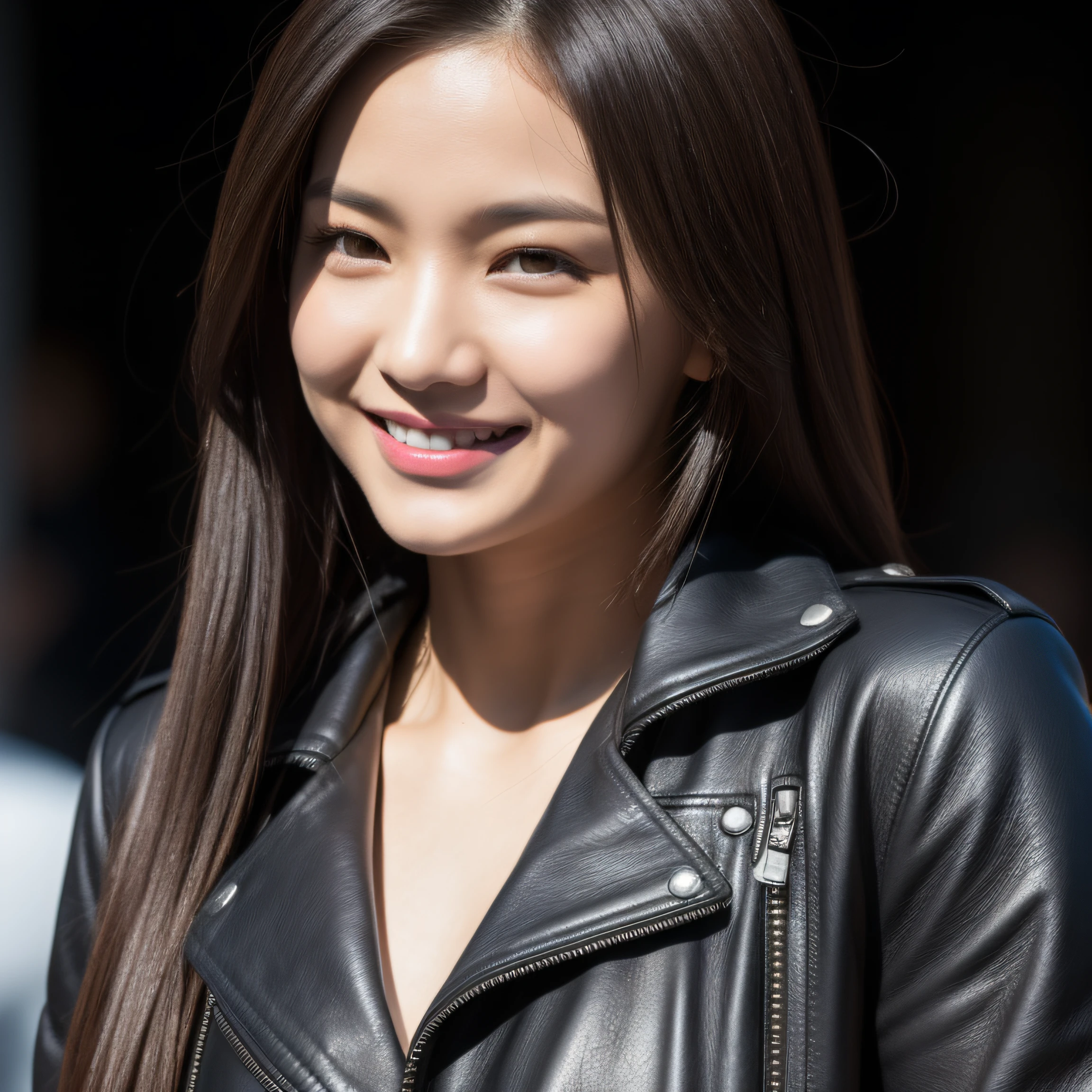 ultra-detailed, 1 girl, Asian, athletic body, realistic skin texture, long hair, (breasts:1.1), smile, gaze at viewer, motorcycle, leather jacket, cotton cropped T-shirt, no helmet, movie lighting, face focus, fine eyes, detailed face, well lit face, sunny day