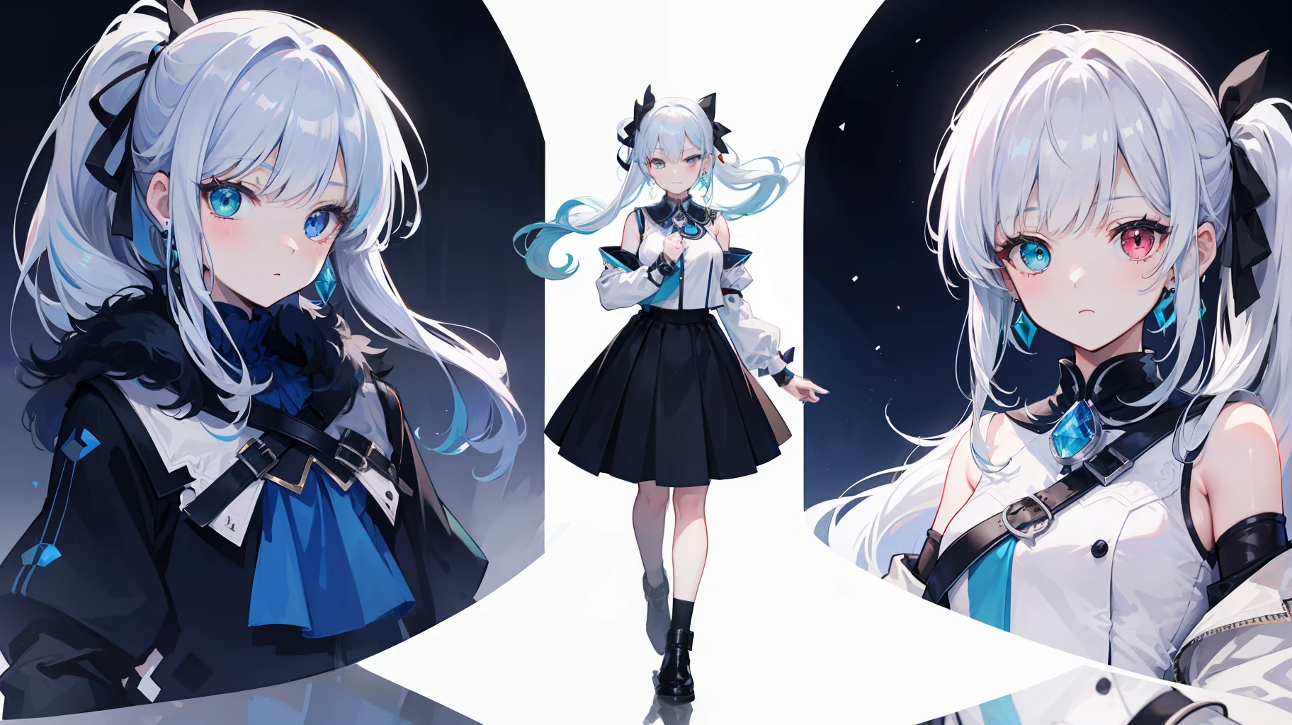 Full body like，Gothic skirt，Striped hair, White hair, Blue hair, pony tails, ribbon, Heterochromia, White eyes, Crystal earrings, Blush, Anime, in a panoramic view, reflective light, futurism, 16k, Best quality, Super detail, Anatomically correct, High details