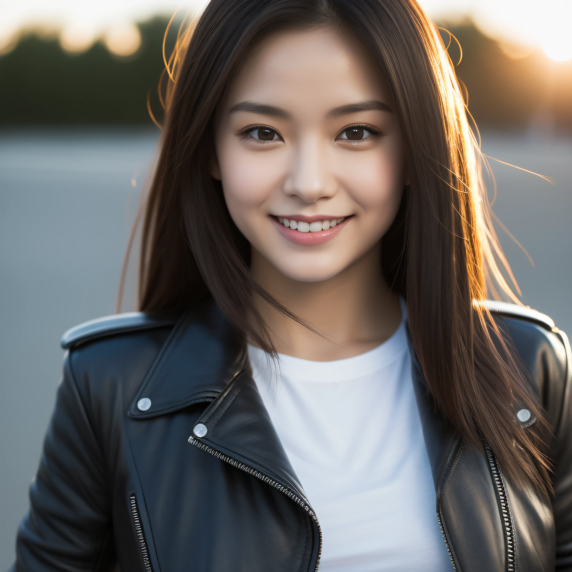 ultra-detailed, 1 girl, Asian, athletic body, realistic skin texture, long hair, (breasts:1.1), smile, gaze at viewer, motorcycle, leather jacket, cotton cropped T-shirt, no helmet, movie lighting, face focus, fine eyes, detailed face, well lit face, sunny day