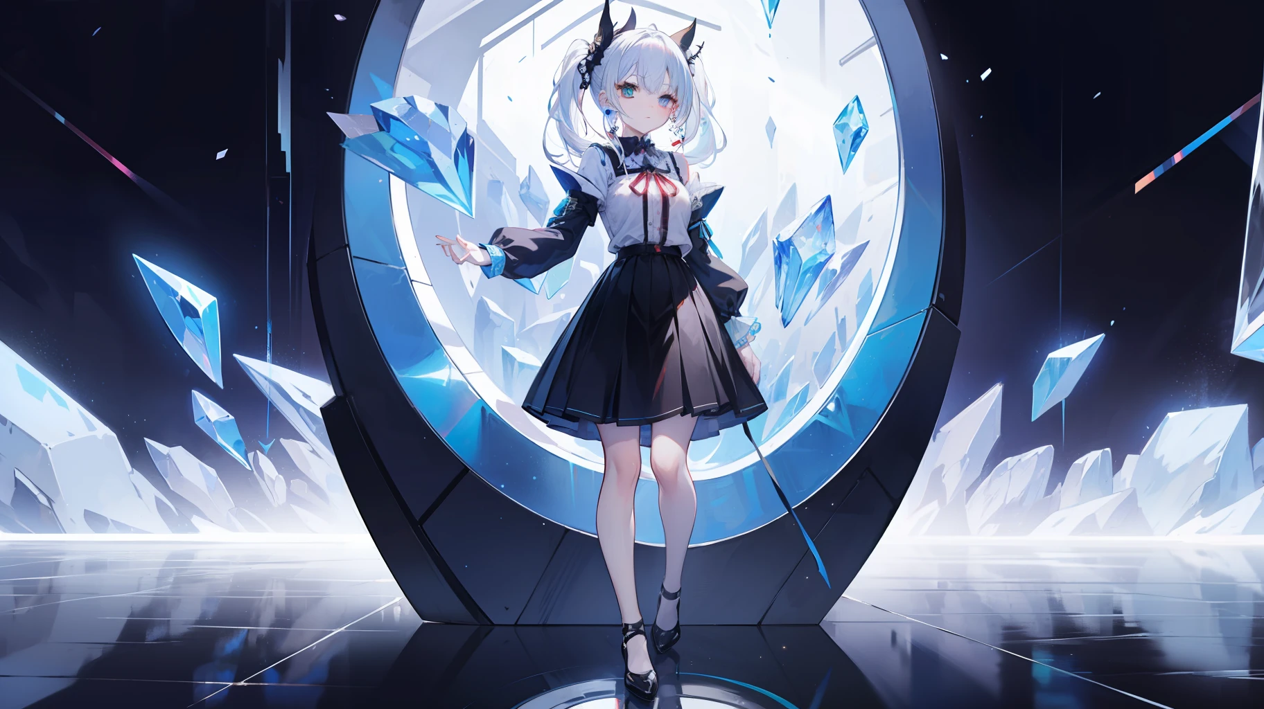 Full body like,Gothic skirt,Striped hair, White hair, Blue hair, pony tails, ribbon, Heterochromia, White eyes, Crystal earrings, Blush, Anime, in a panoramic view, reflective light, futurism, 16k, Best quality, Super detail, Anatomically correct, High details