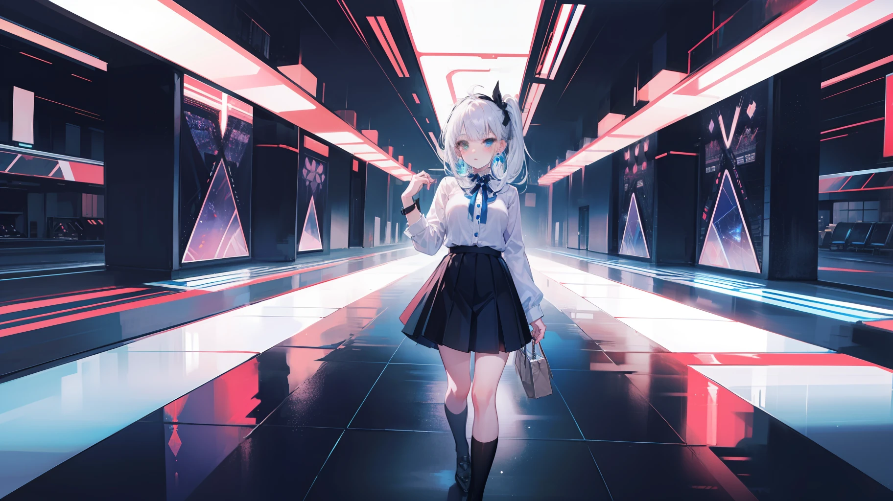 Full body like，Gothic skirt，Striped hair, White hair, Blue hair, pony tails, ribbon, Heterochromia, White eyes, Crystal earrings, Blush, Anime, in a panoramic view, reflective light, futurism, 16k, Best quality, Super detail, Anatomically correct, High details