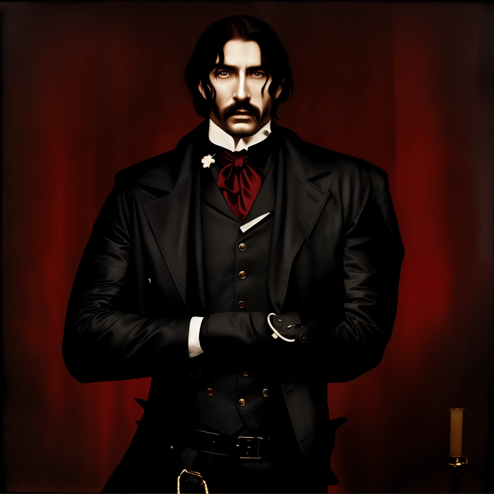 imagem arafed de um homem em uma jaqueta de couro preta e um fundo vermelho, male vampire of clan banu haqim, vampiro macho, vampiro masculino bonito, macho malvado desonesto, Corvo Attano, gothic regal, androgynous vampire, neo goth, vampire of clan lasombra, casaco longo preto e vermelho de corpo inteiro, vestindo um terno nobre preto, (RAW foto: 1.2), (fotorrealista: 1.4), (detalhes intrincados: 1.2), (obra-prima: 1.3), (melhor qualidade: 1.4), (ultra highres: 1.2), cinema light, ultra alta realista, (olhos detalhados), (detailedfacialfeatures), (detailed features of the outfit),HDR, 8K分辨率, (extremely detailed illustration), (extremely detailed illustration), retrato de corpo inteiro, lente de 50mm, abertura f/4, (super detalhe), 8mm film grain