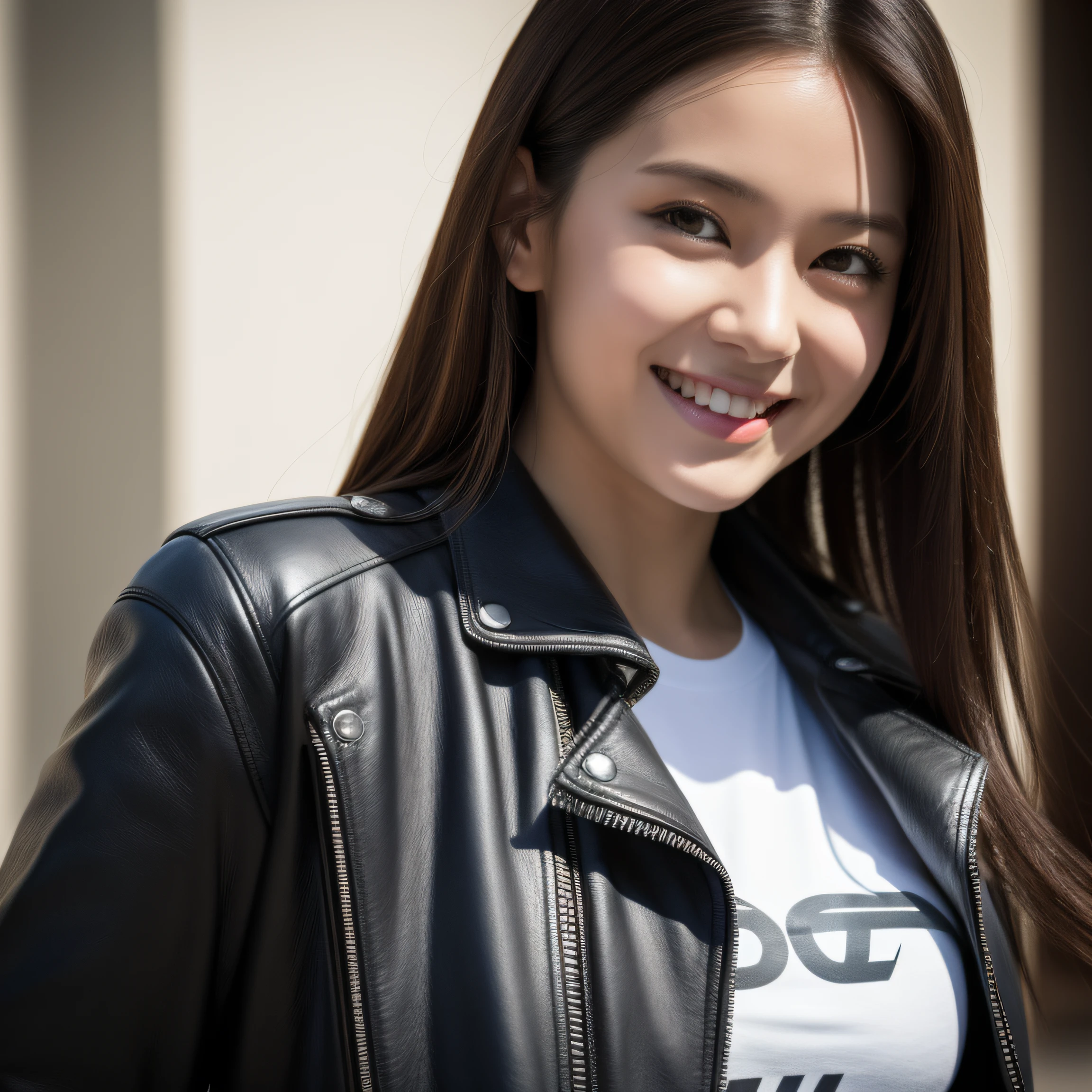 ultra-detailed, 1 girl, Asian, athletic body, realistic skin texture, long hair, (breasts:1.1), smile, gaze at viewer, motorcycle, leather jacket, cotton cropped T-shirt, no helmet, movie lighting, face focus, fine eyes, detailed face, well lit face, sunny day