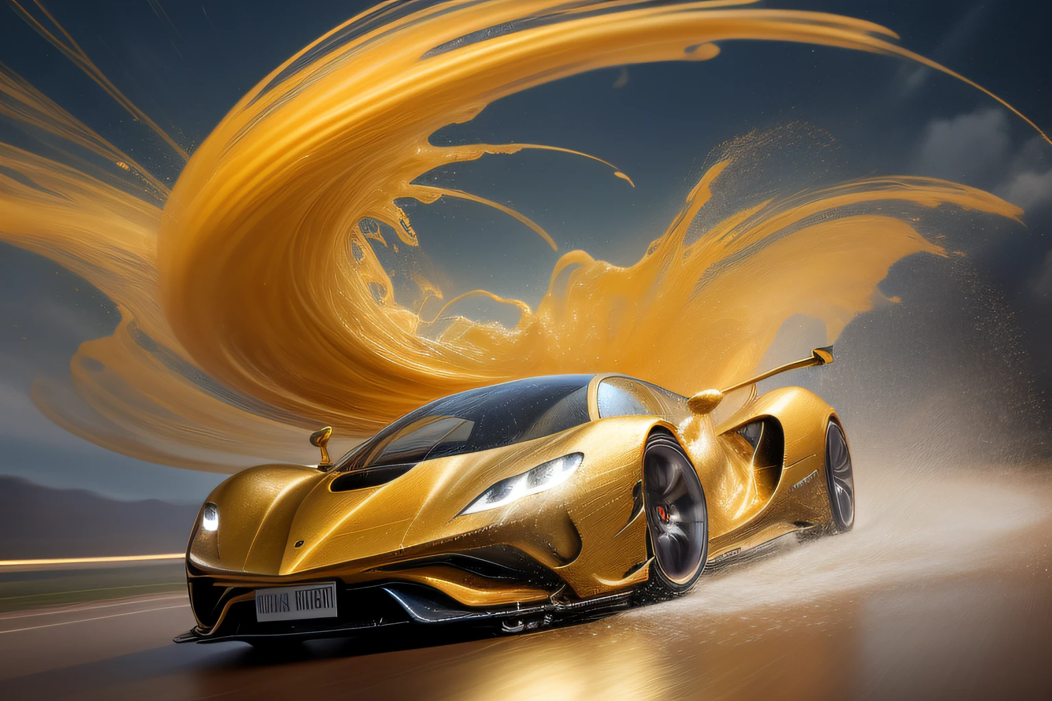 A golden hypercar (Liquid Splash Fluid Art:1.2) Golden Vortex: A golden hypercar hurtles through a swirling vortex of silvery liquid. The liquid spirals and twists, echoing the car's aerodynamic contours and reacting to its thunderous velocity. The spectacle, rendered using Cinema 4D's fluid simulation at an aperture of f/2.8, ISO 400, and a shutter speed of 1/60 sec, captures the thrilling interplay of power and elegance. The final render, polished using Gamma Correction and Tone Mapping, is a visually compelling depiction of kinetic energy and fluid dynamism, inspired by the works of Alex Roman and Beeple.