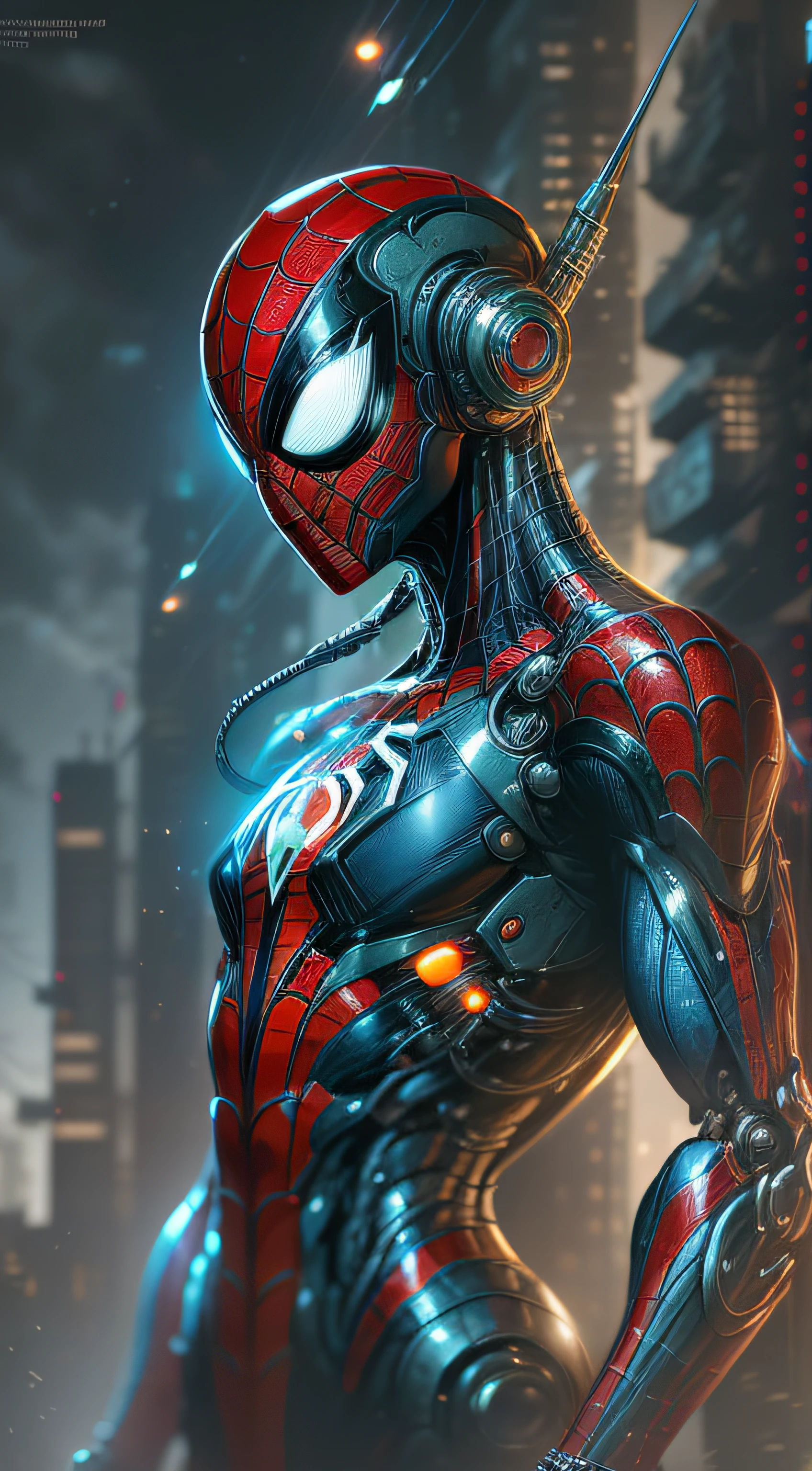 Spiderman-Biodroid from Marvel photography, biomechanical, complex robot, full growth, hyper-realistic, insane small details, extremely clean lines, cyberpunk aesthetic, a masterpiece presented at Zbrush Central