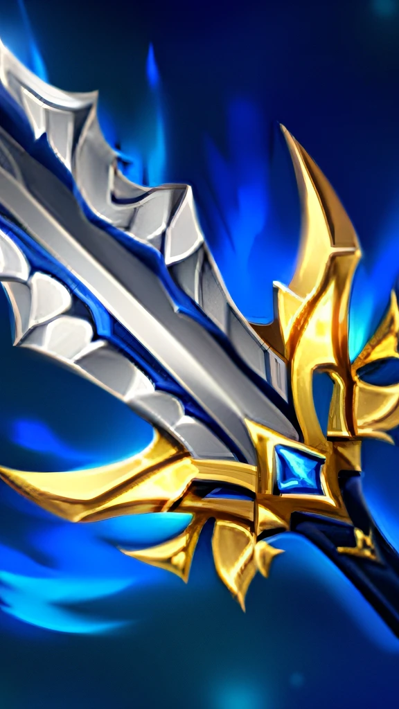 Close-up of a sword with a gold and blue blade, The sword, Avatar image, league of legends inventory item, leblanc, Ashe, arcane jayce, Polearm sword, style of league of legends, mobile legends, Irelia, Thertrevkaiser, rapier, league of legends arcane, wild rift, brown tanned skin