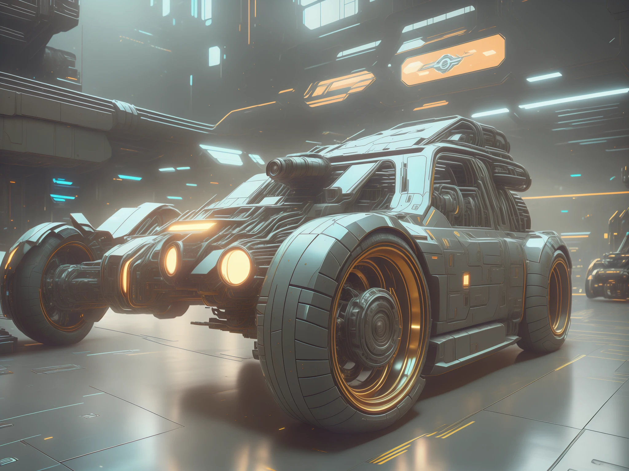 There's a big machine that's sitting in a building, 8k octane 3d render, cyberpunk garage on jupiter, 3 d octano render conceptart, carro cyberpunk, 8 k octane detailed render, Octane Engine renderizar 8K HDR, estilo cyberpunk hiper-realista, hyperealistic octane render, photorealistic blade runner, Octane CGsociety, octane 8 k render, octane render 8k --auto