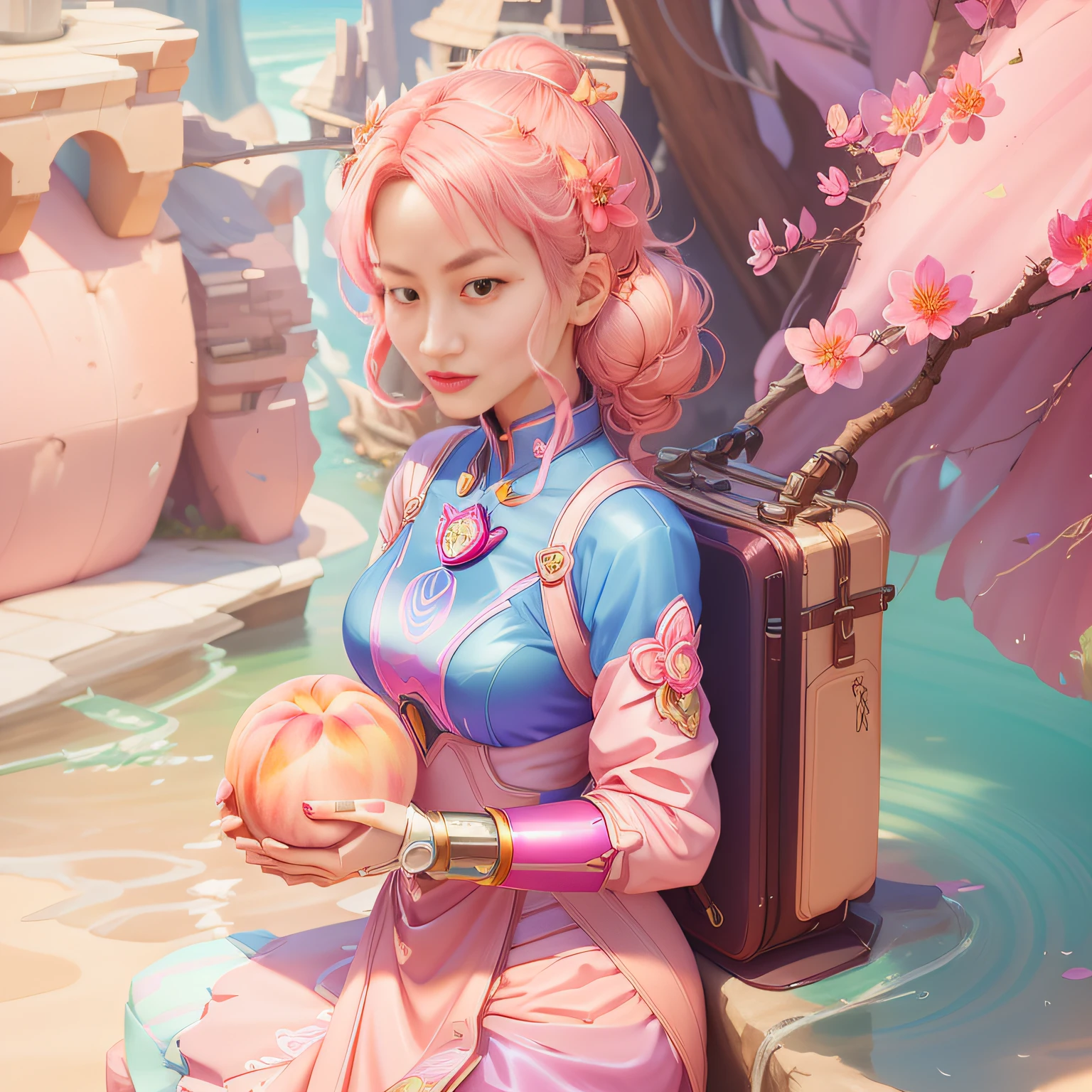 Anime - Woman with pink hair and pink dress holding peach, Guviz-style artwork, trending on cgstation, 2. 5 D CGI anime fantasy artwork, 🌺 CGSesociety, Ross Tran 8 K, chengwei pan on artstation, Beautiful digital artwork, as an overwatch character, Fanart Meilleure ArtStation, cgartists, Fantasy art style --auto