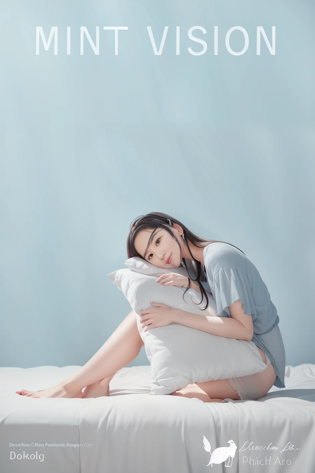 The Arafed woman sat on the bed,There is a pillow on it, Back against the pillow, Relaxed. Blue background, lie on pillows, relaxed poses, BREAK BREAK BREAK, sit on a bed, woman is sitting, portrait of a woman sleeping, sitting on the edge of the bed, dreamy soft, summer morning, gentle calm doting pose, blue backdrop
