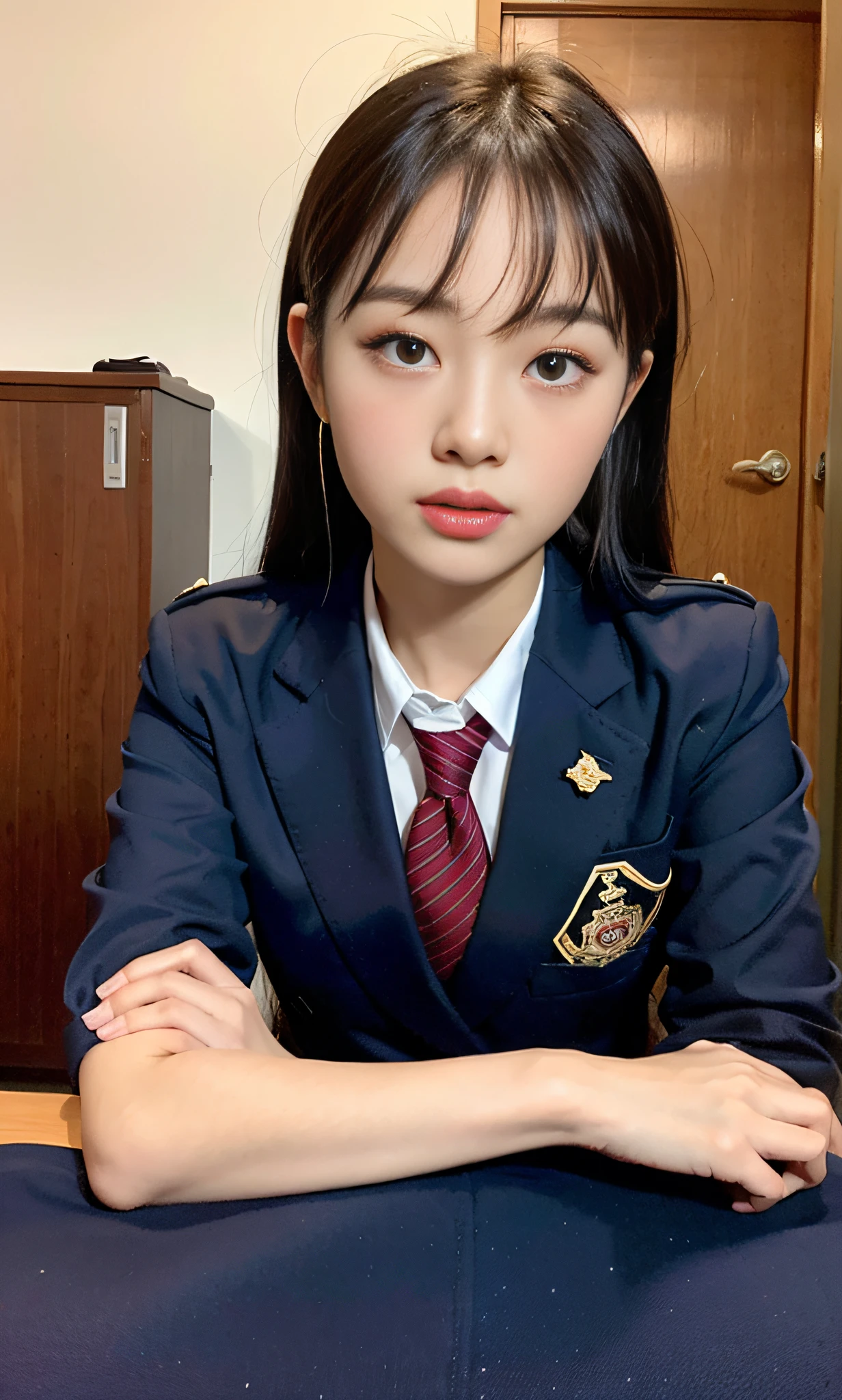 ulzzang -6500-v1.1, (Raw foto:1.2), (Photorealsitic:1.4), a beautiful detailed girl, japanes、2 legs、2 arms、extremely detailed eye and face, beatiful detailed eyes, Panchira、pantiy、full body Esbian、Sit up、burden、Ridiculous, unbelievable Ridiculous, huge filesize, ultra-detailliert, hight resolution, ighly detailed, top-quality, ​masterpiece, Kemomimi, ((Japanese girls' high school uniform)), illustratio, ighly detailed, nffsw, unification, 8k wallpaper, magnifica, finely detail, ​masterpiece, top-quality, Highly detailed ticker uniform 8K wallpaper, Light on the Face、电影灯光、 girl、