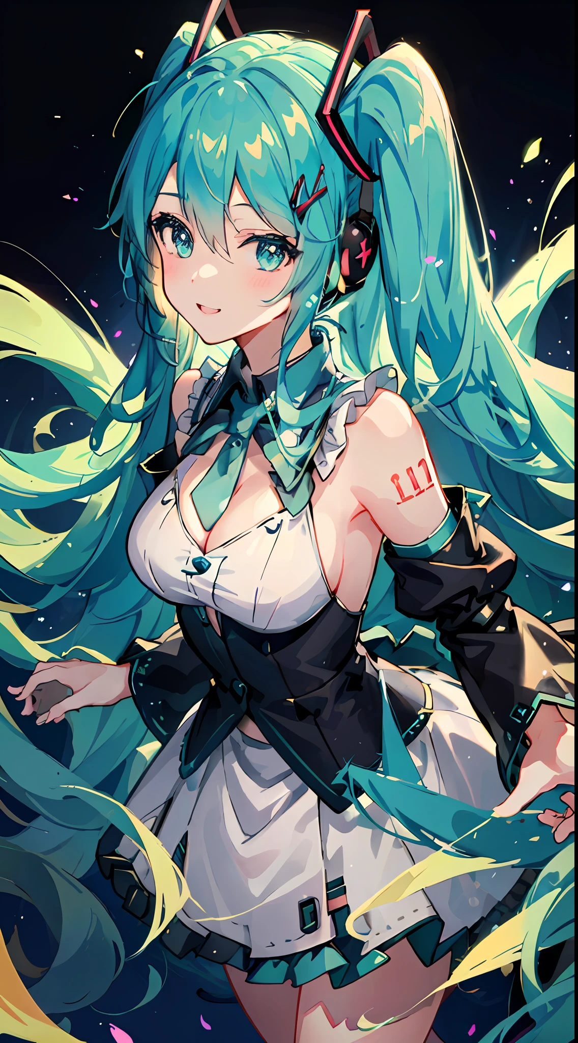 tmasterpiece,Best quality at best,hyper detailed illustration,Extremely refined and beautiful,cleavage,cropped shoulders,
1girll,独奏,light smile,
Big breasts Hatsune Miku,double tails,(live stage),Particles of Light,ornate backdrop