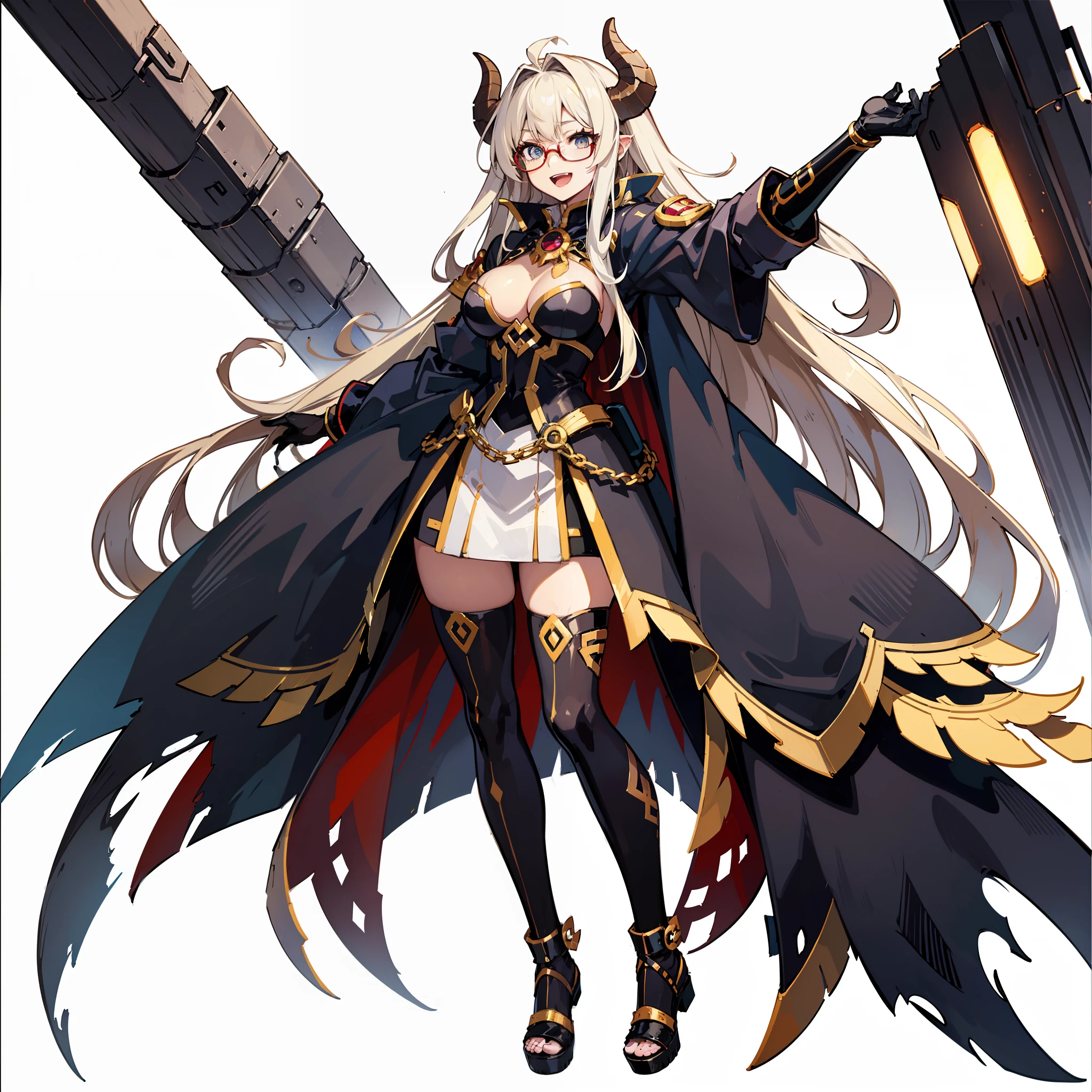 Big Tits. Anime Girls. Anime-style eyes. Setting picture. Perfect pupil. Solo. Highest Quality, Full body, It features a simple_Background,girl, Woman, Female, Young,20 years old, Long hair, flipped hair, Bangs, Blonde hair, messy long hair, emotionless eyes, tusk, Glasses, Black eyes、Smile with open mouth、Unkempt hair、fullllbody,