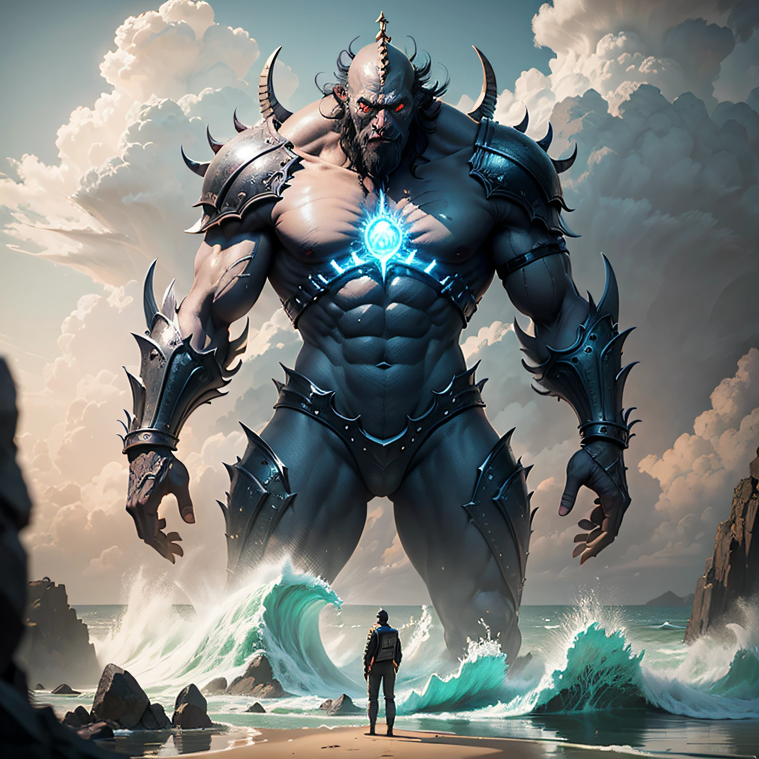 A very detailed matte painting,It depicts a man standing on the beach looking at a monster in the sea,Volumetriclighting,rendering by octane,4K 分辨率,ArtStation Trends,tmasterpiece --auto