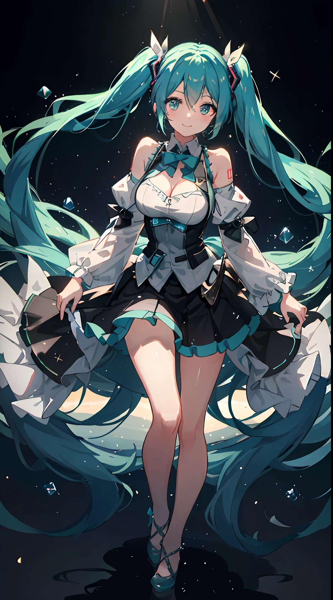 tmasterpiece，Best quality at best，hyper detailed illustration，Extremely refined and beautiful，cleavage，cropped shoulders，
1girll，独奏，light  smile，
Big breasts Hatsune Miku，double tails，（live stage），Particles of Light，ornate backdrop