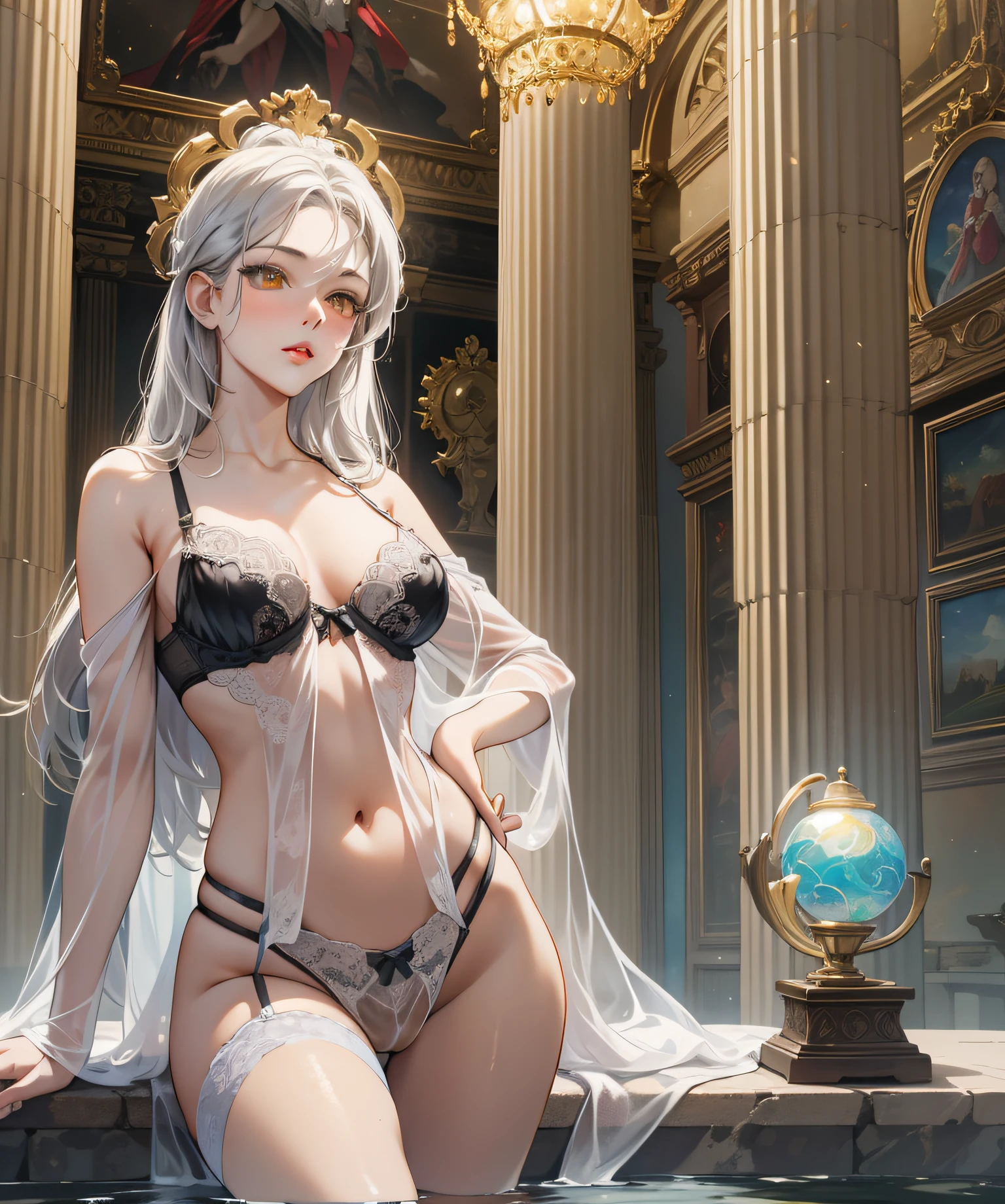 full body, 1 Marble statue of a young girl, front opening, spats (see-through lingerie:1.3), (blushed:1.0), look of contempt,living statue, exposed small breasts, visible pubic hair, view from below, floating antique clock, lamps and lanterns, temple with greek columns, ocean in the distance, dark stormy sky, 1 beautiful caucasian girl carved in marble, fantasy and mystery, fog, 1 beautiful girl in the foreground,golden eyes, golden and silver hair, very long golden and silver hair, crimson lips, marble skin with reflections, statue, sexy pose, provocative pose, full body,Reloj antiguo flotante, Antique lamp, salpicar,pose seductora, Pubic Hair Visible, senos visibles,