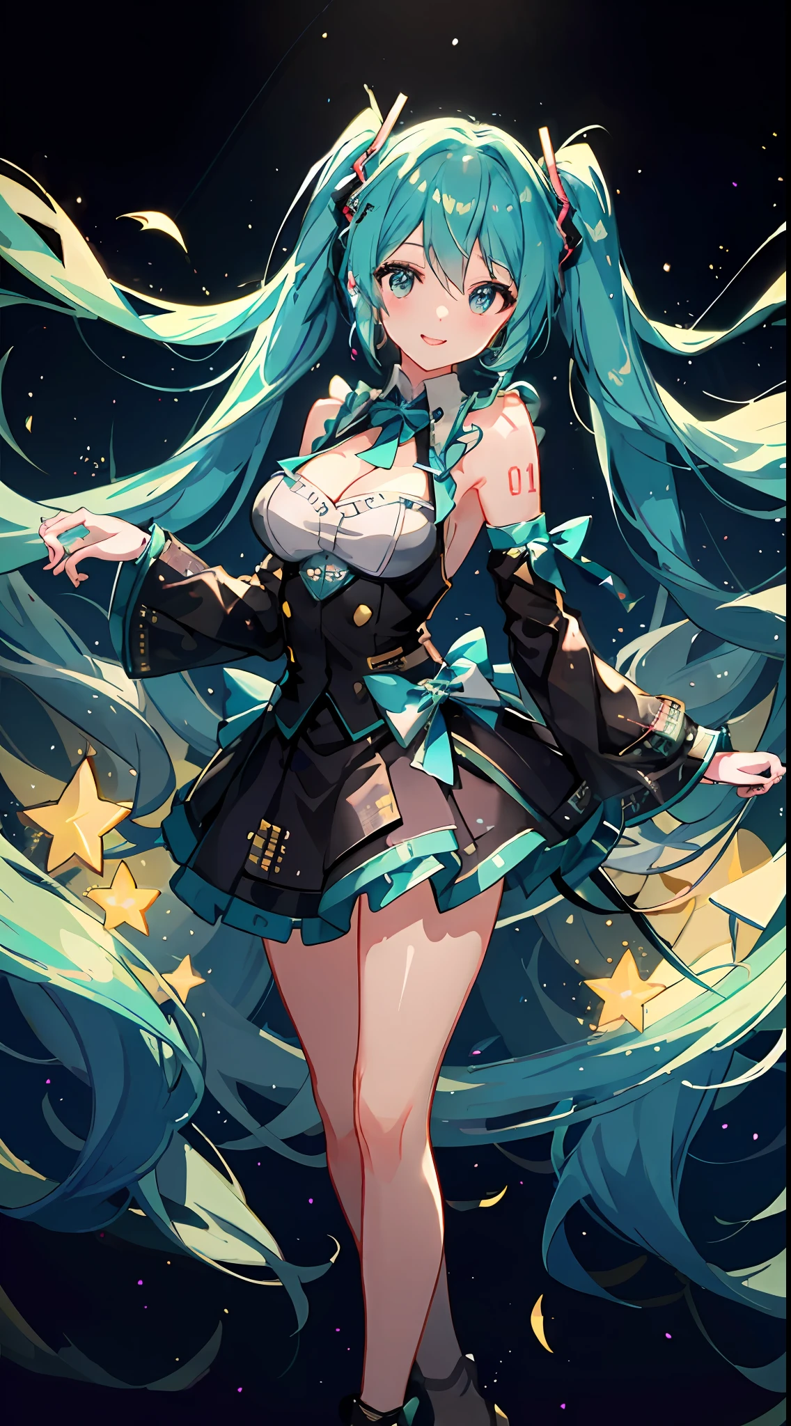 tmasterpiece，Best quality at best，hyper detailed illustration，Extremely refined and beautiful，cleavage，cropped shoulders，
1girll，独奏，light  smile，
Big breasts Hatsune Miku，double tails，（live stage），Particles of Light，ornate backdrop