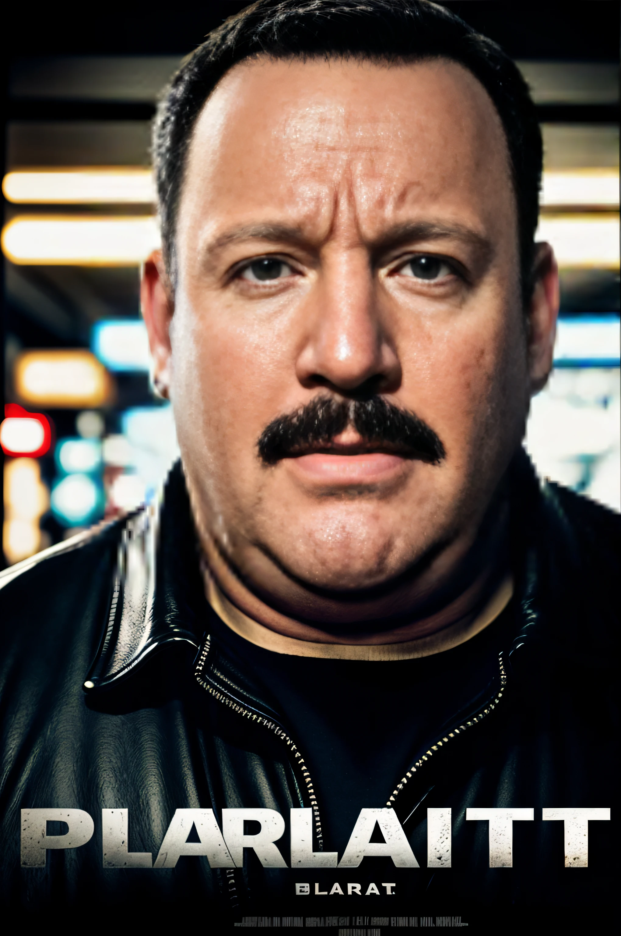 Paul Blart, Mall cop. Highly detailed, gritty cinematic movie poster with dark lighting. Dramatic and sharp focus with film grain. Background set in a dark abandoned mall. Close up shot emphasizing the character's face. The character is 60 years old and overweight. edgy
