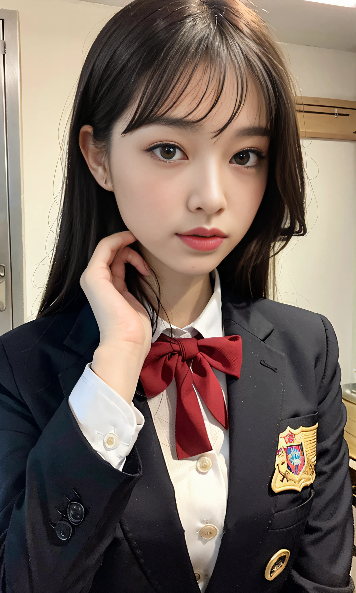 ulzzang -6500-v1.1, (Raw foto:1.2), (Photorealsitic:1.4), a beautiful detailed girl, extremely detailed eye and face, beatiful detailed eyes, Panchira、pantiy、full bodyesbian、Sit up、Straining、Ridiculous, unbelievable Ridiculous, huge filesize, ultra-detailliert, hight resolution, ighly detailed, top-quality, masterpiece, Kemomimi, ((Japanese girls' high school uniform)), illustratio, ighly detailed, nffsw, unification, 8k wallpaper, magnifica, finely detail, masterpiece, top-quality, Highly detailed ticker uniform 8k wallpaper, Light on the Face、电影灯光、16yo girl、