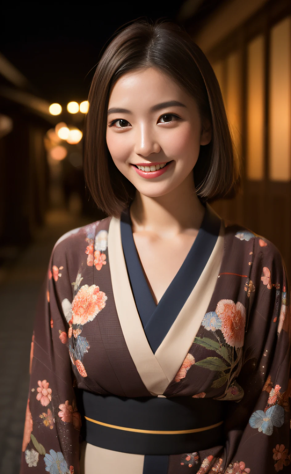 (Best quality, 8k, 32k, Masterpiece, UHD:1.2),Photo of Pretty Japanese woman, 1girl, (medium-short dark brown hair), double eyelid, summer night, kimono, Kyoto ,smile