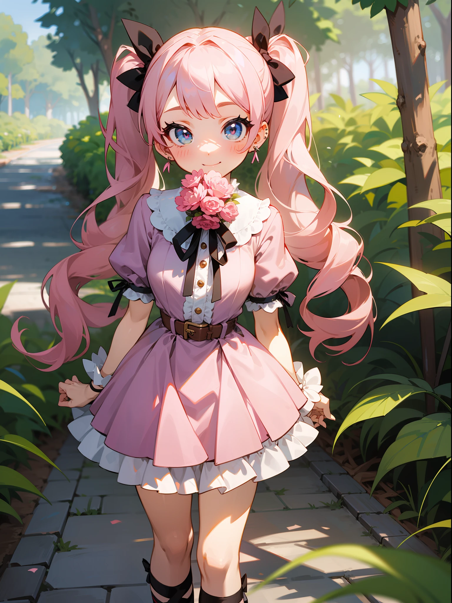 master piece, hyper quality, Hyper Detailed, Perfect drawing,Hi-Res、1girll,ssmile、Loose and fluffy hair、drills twintails、A pink-haired、Big eyes with double eyelids、lofty nose、blusher(0.2)、small mouth、ear piercings、Lolita Fashion、Clothes with lots of lace and frills、Dresses in pastel colors、White or pink clothes、Luxury clothes、Luxury underwear、a miniskirt,knee high socks(:1.5),(garterbelts)、(((Wrapped、With ribbon、Holding a large bouquet))), butt sticks out, Big round buttocks, blue-sky、Summer colors、Sunlight、Walking trail、Shooting from diagonally below, portlate、beatiful backgrounds, meticulous drawing, Accurate drawing、Perfect illustration、Perfect Beautiful Girl、high-class sense、