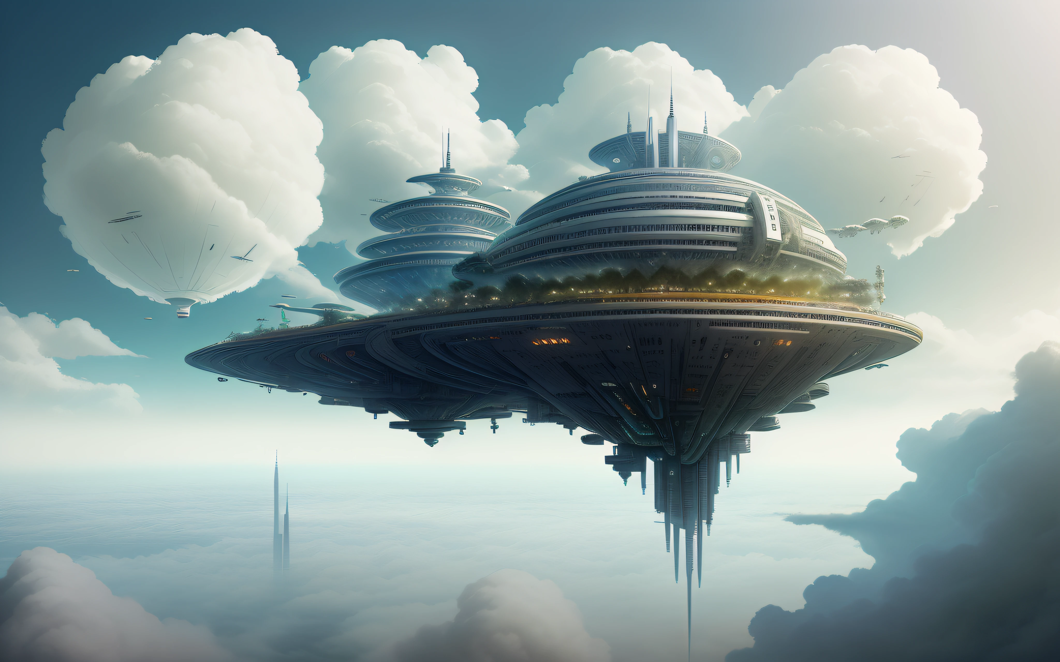 Cidade futuristica, City center Xinghai Cheng style, Hayao Miyazaki concept art wallpaper 4K, floating city on clouds, 4K concept map, Floating high quality digital art, Detailed digital concept art, futuristic tower, 8K concept map, Fluid digital art