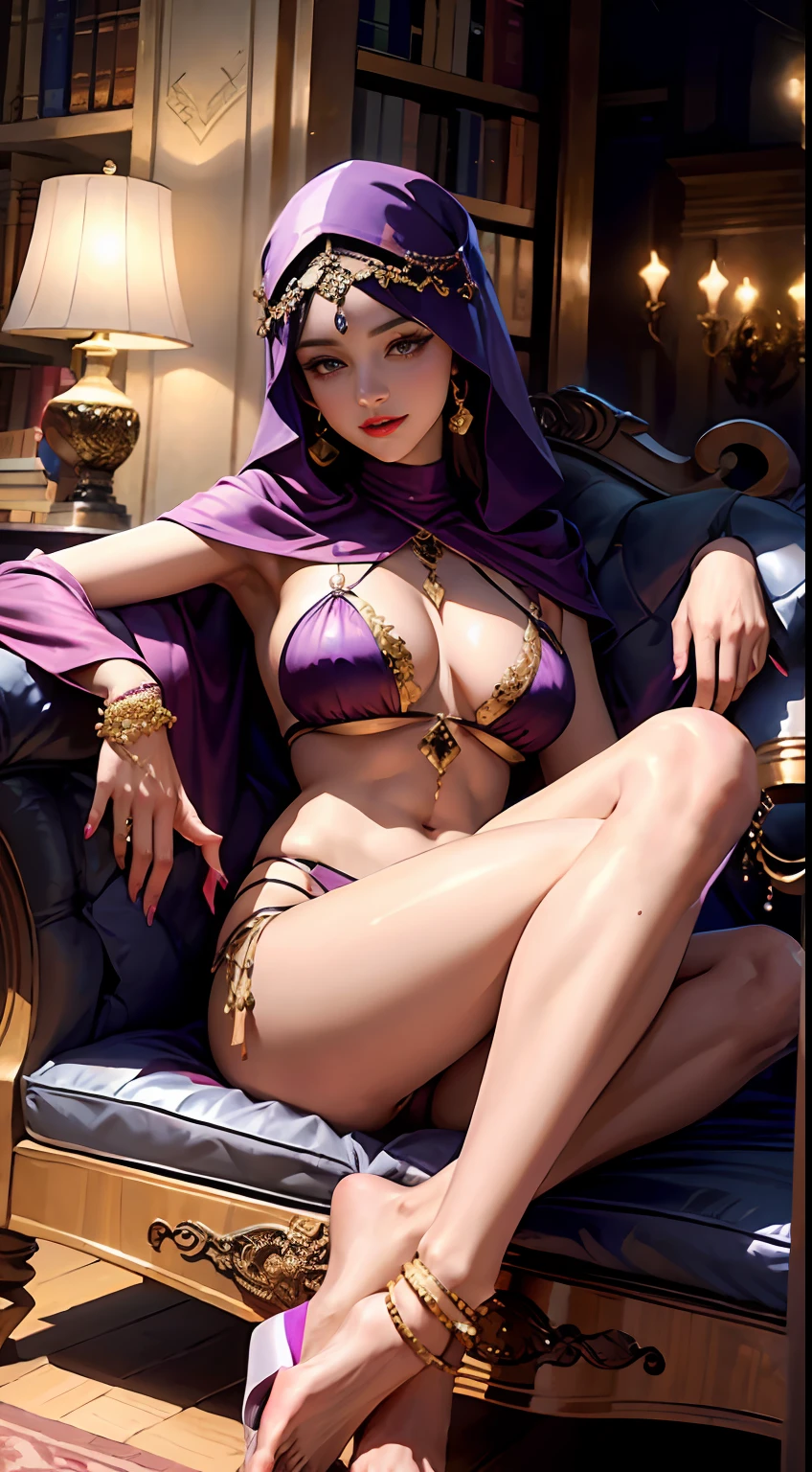 1girl, Arabian, wearing a luxurious silk Hijab, vibrant Crimson pvc bikini, elegantly manicured purple nails, captivating OrangeRed lips, ample bosom with flawless proportions, sleeping on a couch, in a old library, red luxury sofa, feet on the viewer, feet, foot, feet focus, exuding confidence with a captivating smile, making eye contact with the viewer,Low angle, feet focused, goddess, sexy feet, a slave licking her feet