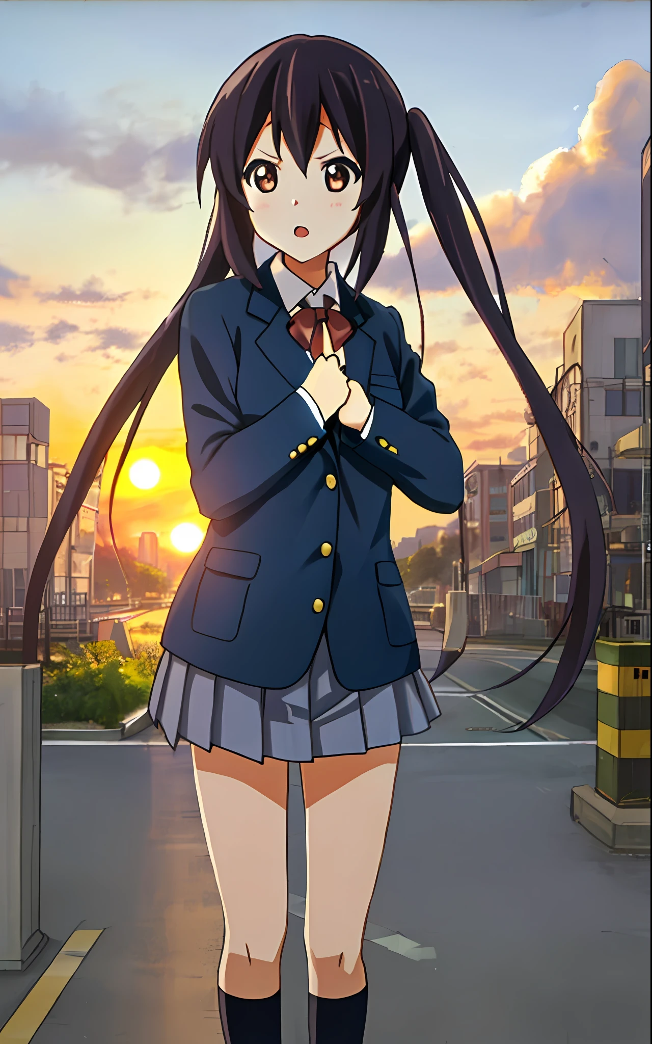 1girl in, (((masterpiece))), top-quality, top-quality, high details, nakano azusa, 1girl in, Sakuragaoka High School Uniform, musical instrument, student clothes, Twin-tailed, length hair, A dark-haired, Brown-eyed, 独奏, reddish, Dark blue blazer with thin red ribbon, Solid white buttoned shirt under blazer, illustratio, comic strip, Soothing tones, Subdued Color, Soft cinematic light, adobe lightroom, Photolab, nffsw, intricately and hyper-detailed、(((depth of fields))))。(((masterpiece)))。(((top-quality))).)((ultra-detailliert)))。(((illustratio)))。(((Fighting stance))).,(((Gigantic))).Dynamic Focus.(((Skyscrapers))).(((A city scape))).(((Despair face))). Open mouth.(((Evening glow))).(((the setting sun))).(((clench your fists))).(((up chest))).(((Medium chest))).