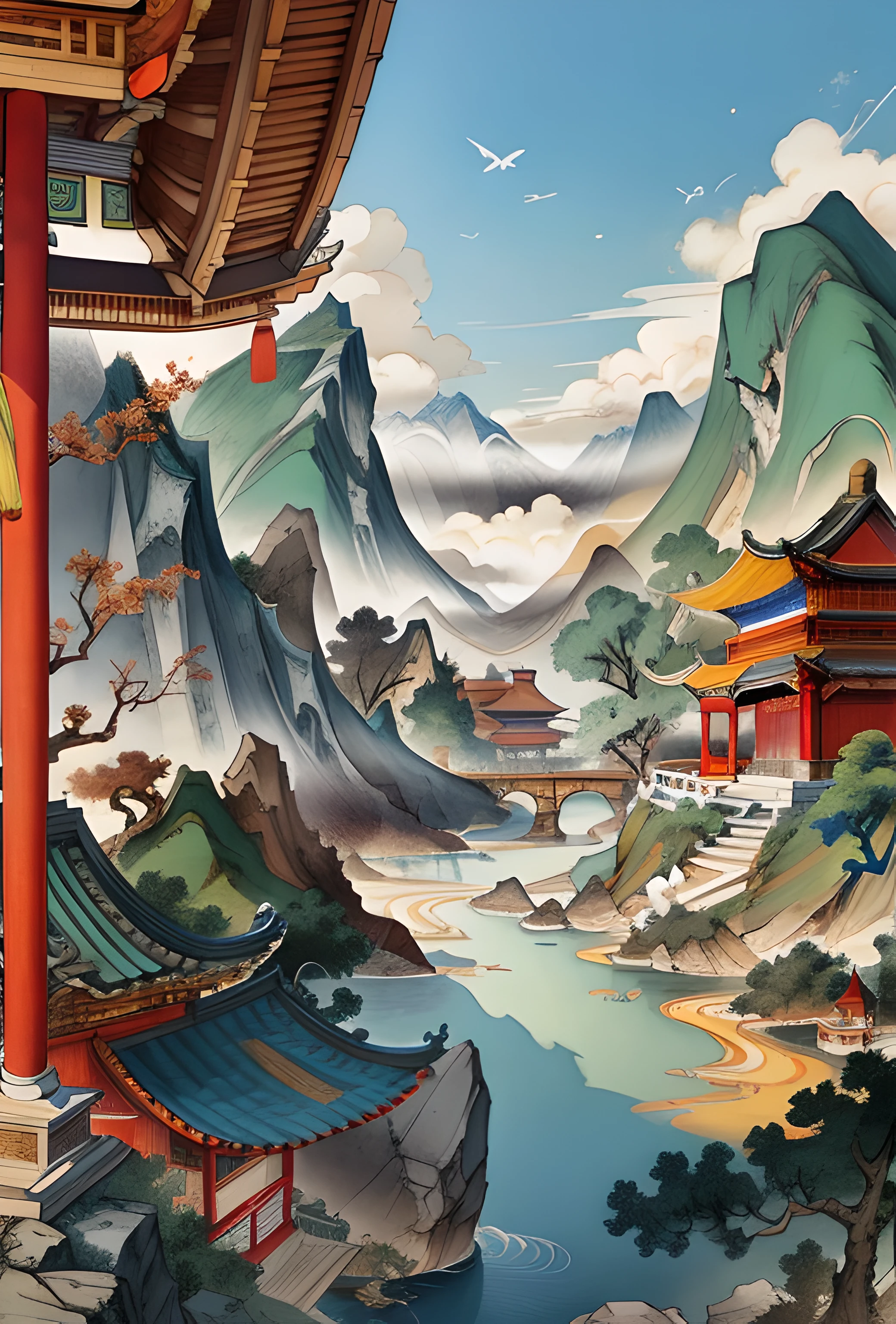 Ancient Chinese landscapes, ancient buildings, pavilions, carved beams and painted buildings, beautiful mountains and rivers, inspired by Jin Yong martial arts, sunlight, ink painting style, clean colors, decisive cutting, blank space, freehand, masterpiece, super detailed, epic composition, high quality , highest quality, pixar style, oversaturated, surreal, artgerm --v 6