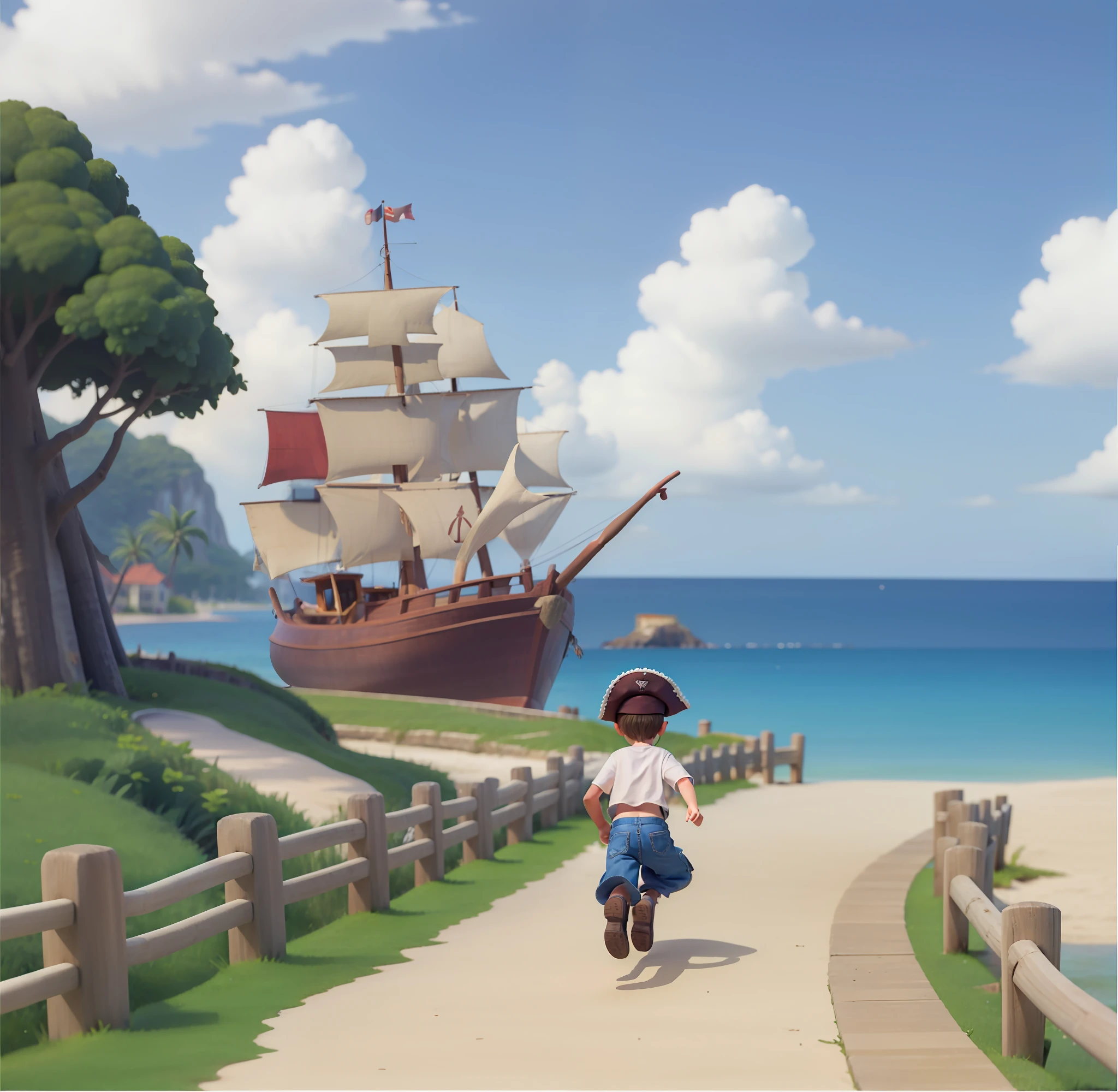 There's a kid in a pirate hat running around the village near the beach