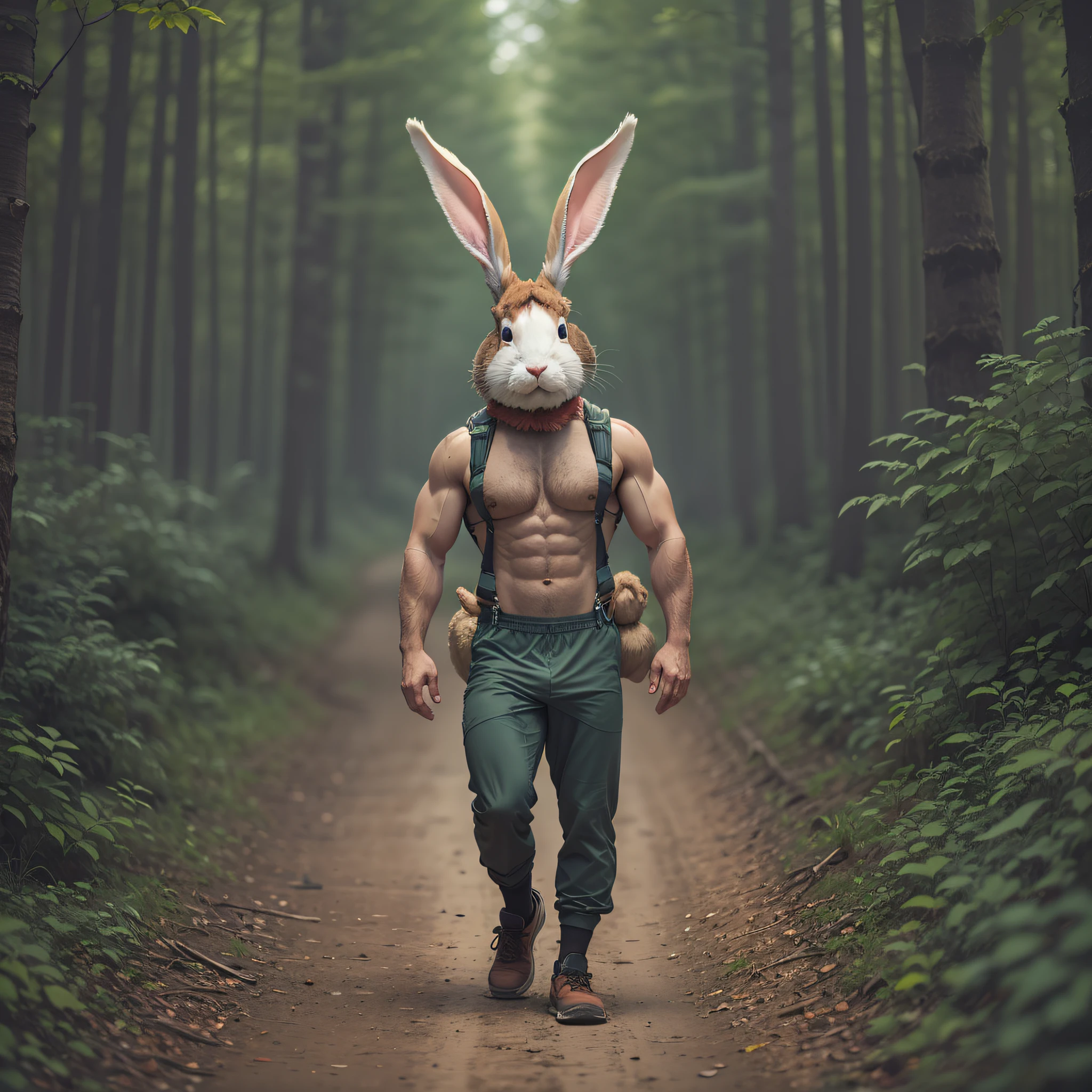 Strong man with rabbit head in the middle of forest of trail clothes