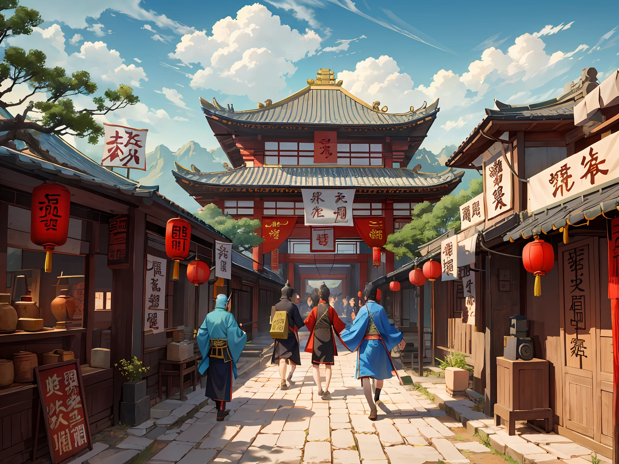 people walking down a street in a chinese village with a pagoda in the background, dreamy Chinese towns, Ancient Chinese architecture, Beautiful rendering of the Tang Dynasty, Chinese architecture, Taoist temples and monks, cyberpunk chinese ancient castle, Chinese village, by Ni Yuanlu, film Silk Road landscape, by Yang J, Chinese palaces, By Fei Danxu, dreamland of chinese