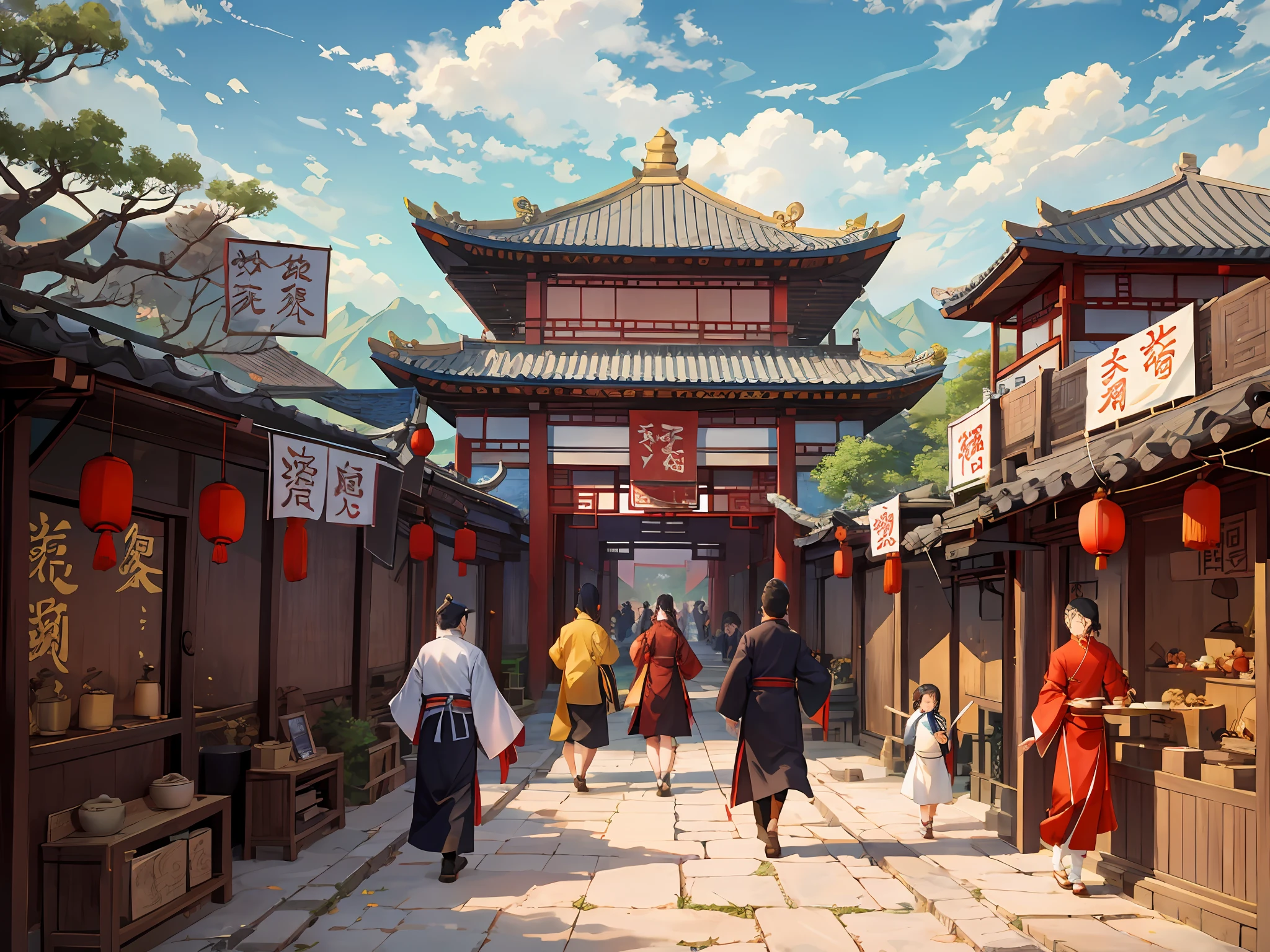 people walking down a street in a chinese village with a pagoda in the background, dreamy Chinese towns, Ancient Chinese architecture, Beautiful rendering of the Tang Dynasty, Chinese architecture, Taoist temples and monks, cyberpunk chinese ancient castle, Chinese village, by Ni Yuanlu, film Silk Road landscape, by Yang J, Chinese palaces, By Fei Danxu, dreamland of chinese
