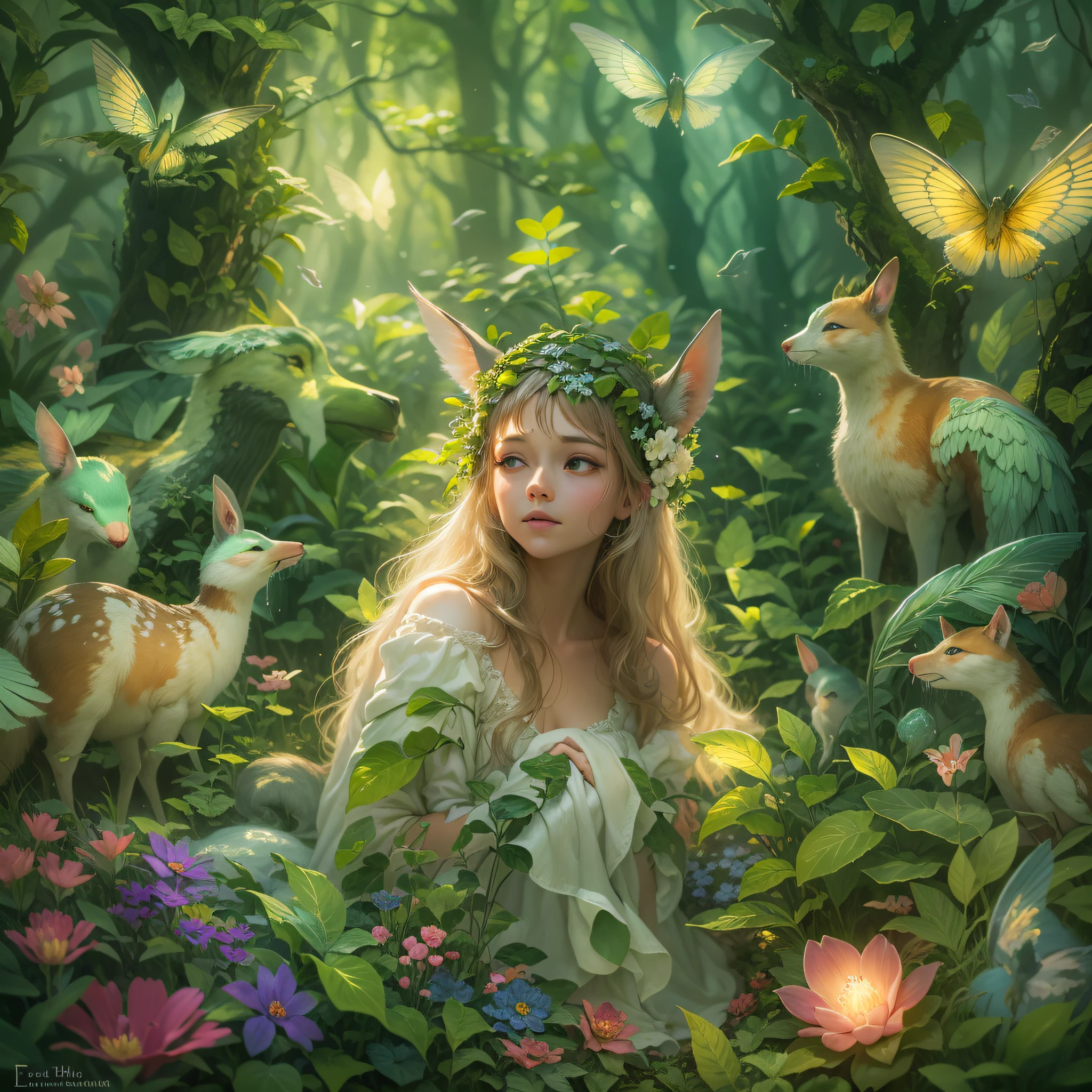 Uma imagem retratando uma garota em uma floresta encantada, surrounded by a variety of magical creatures, como fadas, animais da floresta e vaga-lumes brilhantes. The scene is bathed in a soft, ethereal light, evoking a sense of wonder and delight.