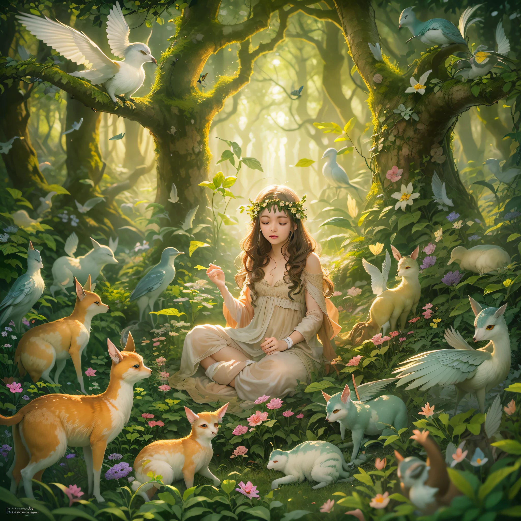 Uma imagem retratando uma garota em uma floresta encantada, surrounded by a variety of magical creatures, como fadas, animais da floresta e vaga-lumes brilhantes. The scene is bathed in a soft, ethereal light, evoking a sense of wonder and delight.