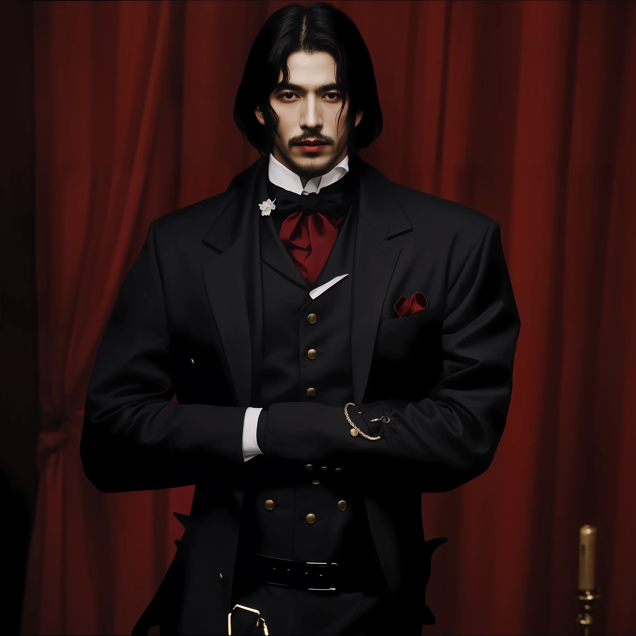 imagem arafed de um homem em uma jaqueta de couro preta e um fundo vermelho, male vampire of clan banu haqim, vampiro macho, vampiro masculino bonito, macho malvado desonesto, Corvo Attano, gothic regal, androgynous vampire, neo goth, vampire of clan lasombra, casaco longo preto e vermelho de corpo inteiro, vestindo um terno nobre preto, (FOTO CRU: 1.2), (fotorrealista: 1.4), (detalhes intrincados: 1.2), (obra-prima: 1.3), (melhor qualidade: 1.4), (Ultra Highres: 1.2), luz de cinema, ultra alta realista, (olhos detalhados), (detailedfacialfeatures), (detailed features of the outfit),HDR, 8K分辨率, (extremely detailed illustration), (extremely detailed illustration), retrato de corpo inteiro, mola a 50mm, abertura f/4, (super detalhe), 8mm film grain