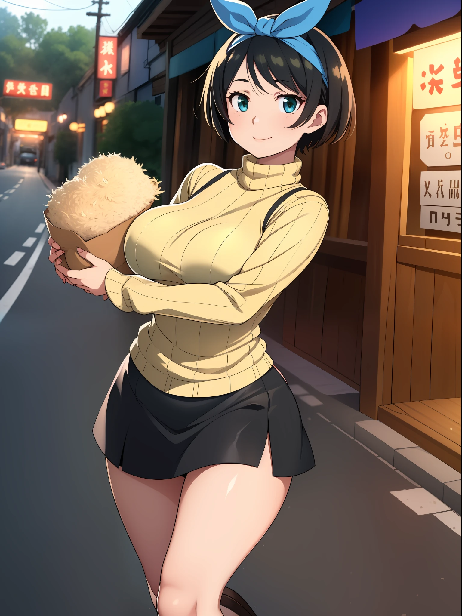 ((((kipteitei art)))), ((highres)),Masterpiece, high quality, best quality, beautiful, perfect lighting, detailed face, ultra cute face, ((1girl)), ((solo), ((((sarashina ruka)))), ((blue hairband)), ((tan turtle neck sweater)), ((black short skirt)), black socks, loafers, looking at viewer, cowboy shot, sweet smile, cute, happy, medium breasts, perky breasts, wide hips, thick thighs, thicc, town, street, outside noodle shop