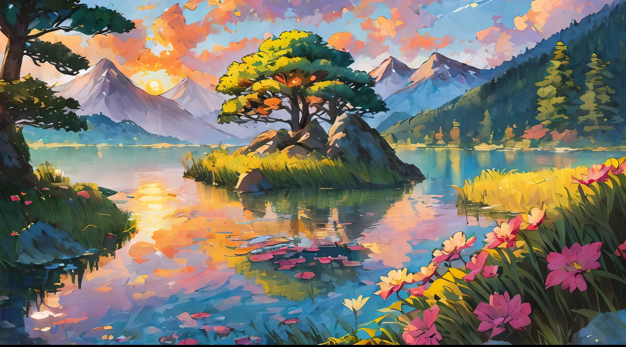 (Best quality),(masterpiece),(ultra detailed),(high detailed),(extremely detailed),Subject: Beautiful Anime Natural Sceneries, woman bathing in a heavenly lake, seen from back and far away, long blond hair
Medium: raw oil painting, impressionism, raw brush strokes
Resolution: 4000x4800pixels.
Color Palette: Vibrant and lush colors inspired by nature, dusk, sunset colors
Mood: Serene, tranquil, and awe-inspiring.
Composition: Balanced compositions with a focus on natural elements.
Lighting: Soft, natural lighting with variations in brightness.
Style: Anime-inspired with a touch of realism and fantasy.
Details: Include elements such as majestic mountains, serene lakes, blooming fields, and lush forests.
Inspiration: Anime landscapes, Studio Ghibli films, real-world natural environments.
Camera Setup: None (since it's a digital illustration).
Additional Notes: Pay attention to the beauty and intricacy of natural landscapes. Create depth and dimension by incorporating layers of foreground, middle ground, and background elements. Use a variety of brush strokes and textures to capture the textures of trees, rocks, water, and other natural elements. Experiment with lighting and shadows to add depth and realism to the scene. Include small details like birds, butterflies, or wildlife to bring the scene to life. Consider adding elements of fantasy or magic, such as floating islands, mythical creatures, or glowing flora. Use a mix of vibrant and harmonious colors to convey the beauty and vibrancy of nature. Emphasize the serenity and tranquility of the scene by incorporating elements like flowing water, gentle breezes, or a soft sunset. Let your creativity and imagination guide you in creating breathtaking anime natural sceneries that transport viewers to a world of beauty and wonder.