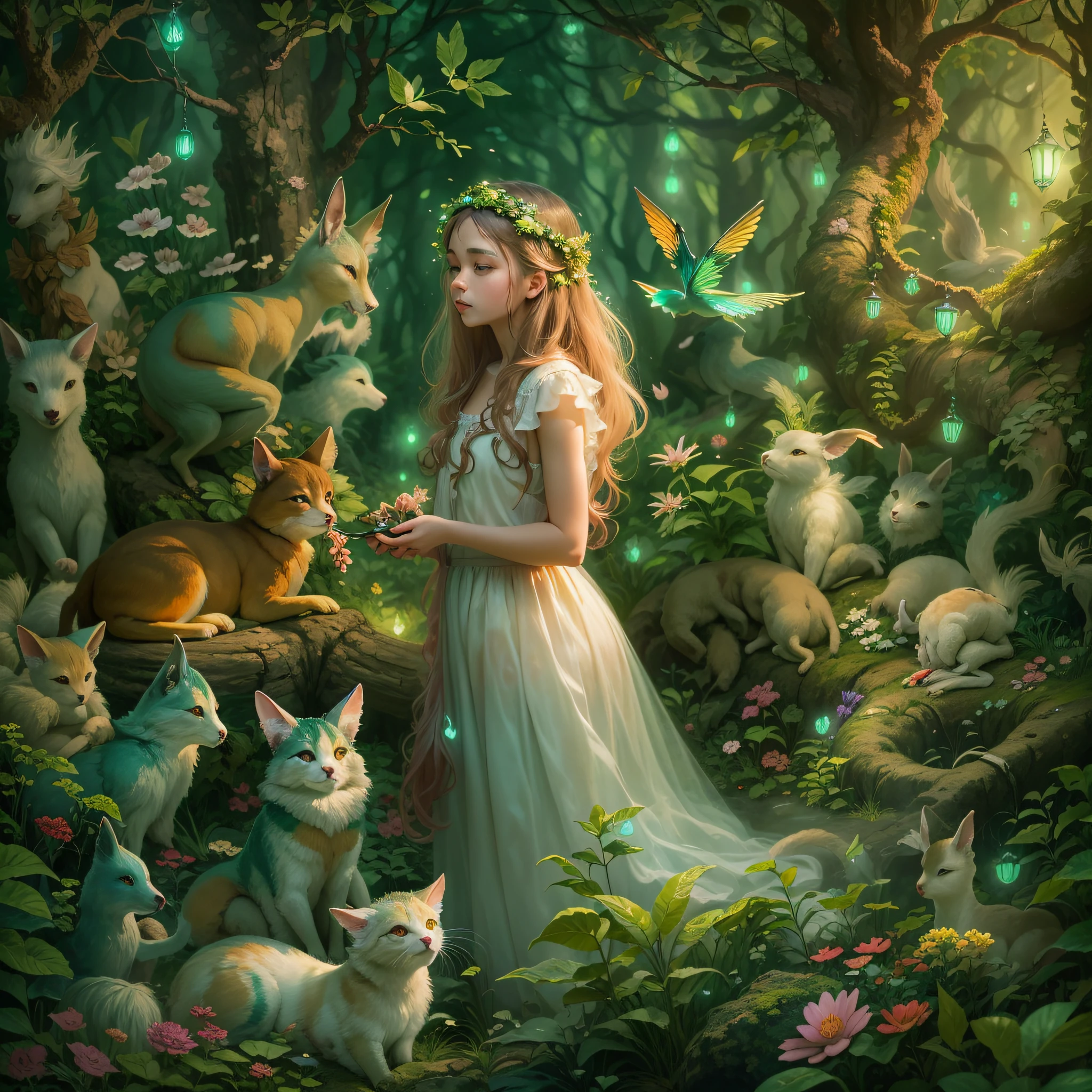 Uma imagem retratando uma garota em uma floresta encantada, surrounded by a variety of magical creatures, como fadas, animais da floresta e vaga-lumes brilhantes. The scene is bathed in a soft, ethereal light, evoking a sense of wonder and delight.