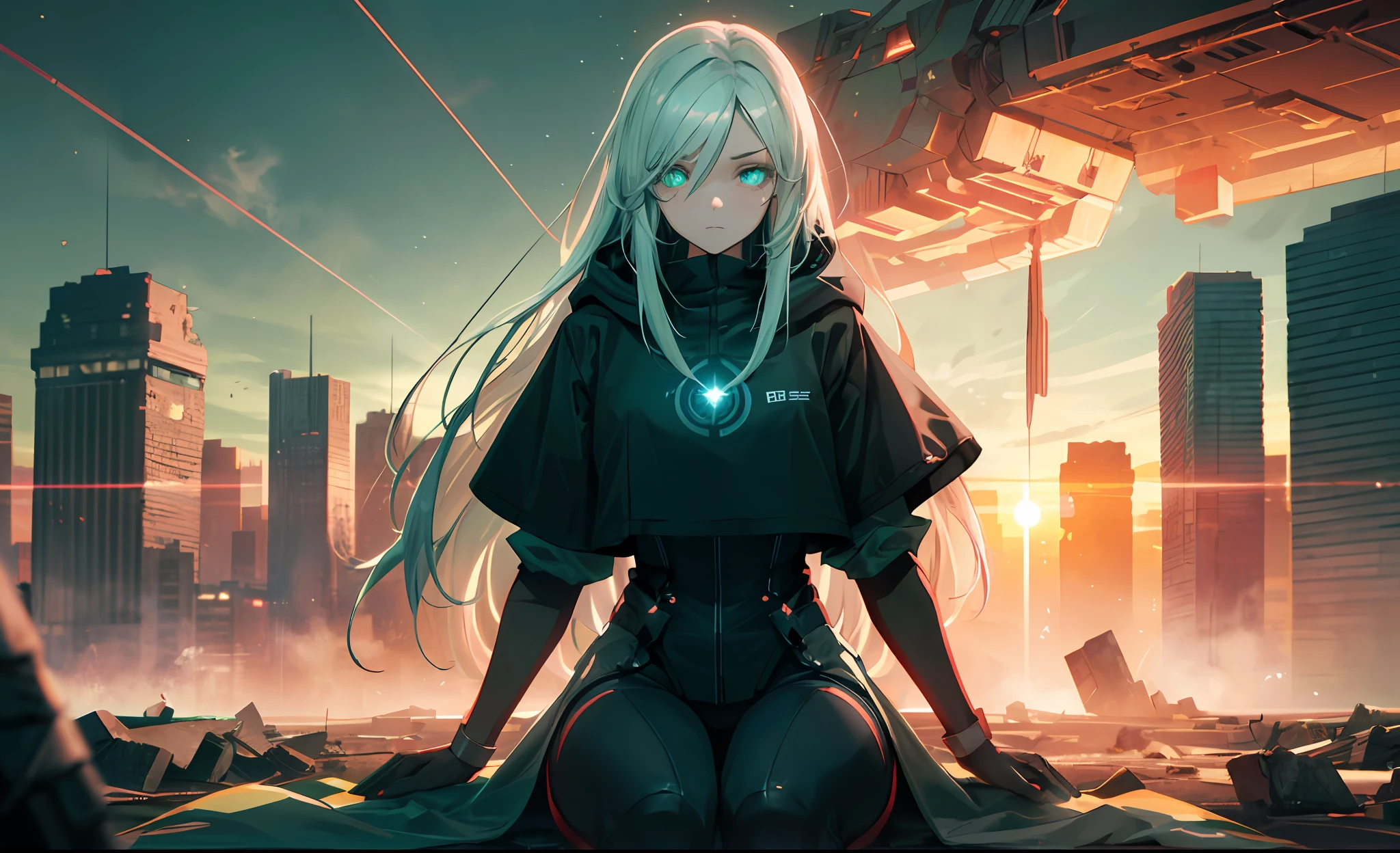 Smoke, (war:1.5), postapocalypse, Planets in the sky, ((Dark green sunset:1.3)), (Green sky:1.2), green light, The ruined backdrop of the city, ((spaceship in the sky)), science-fiction, (shapely body: 1.4), a 1girl, sitting on the rubble of a building, (Long white hair:1.4), (Cyan eyes:1.2), (Detailed eyes and face:1.5), Black pants, black big sweatshirt, hood, Cyberpunk clothes, (clothes in black and white colors), black cloak, city   of the future, Sad look, bruises under the eyes, Destroyed skyscrapers, Wire, HDR (High Dynamic Range), ray traced, NVIDIA RTX, Over-resolution, Unreal 5, sub-surface Scattering, текстурирование PBR, postprocessed, Anisotropic filtering, Depth of field, Maximum clarity and sharpness, Multi-layer Textures, Albedo and specular maps, Surface shading,  Accurate Light-Material Interaction Simulation, Octane rendering, duotone lighting, Low ISO, White balance, the rule of thirds, Wide aperture, 8K RAW, efficient sub-pixel, sub-pixel convolution, (luminescent particles: 1.4), {{tmasterpiece, beste-Qualit, extremely detailed CGI, Unity 8k壁纸, 3d, 电影灯光, lens flares}},