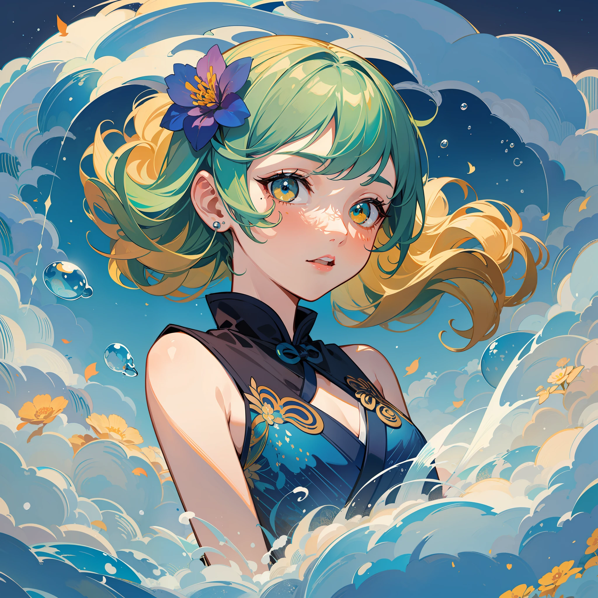 ((tmasterpiece)), ((ultra - detailed)), ((best qualtiy)), 美丽细致的眼睛, 详细的脸, The best lighting, The best shadow,Nature style girl,独奏, ((Classic Disney style, edge lit, Flat 2D style, Disney 2D)), ((The main colors are orange and green)), Colorful flowers,Natural dynamics (The girl inside the bubble:1.5),Flower Island, Bird paradise,swell sea,airbubble,Everything,Natural symbiosis ,The world is made up of natural plants, freckle, Cold nose, (((Buble))), Marbles, japanese inspired, (highly detailed), Whirlpool effect,
