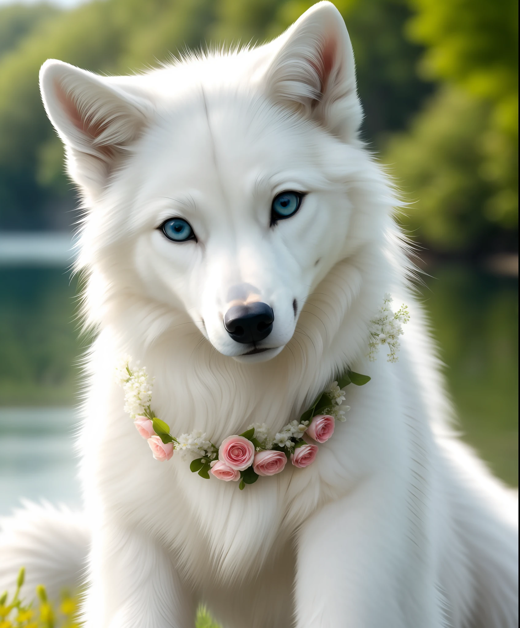 (Highest Quality, 4k, masterpiece, Amazing Details:1.1), laying near a lake,medium breast. deep blue eyes,, (full body:1.3) Shallow Depth of Field, E671, lens 50mm f/2.0, (( anthro white wolf female)), thin eyebrows, wavy short hair with flower hair ornament, (realistic white fur, detailed fur texture:1.2), ((photorealistic) (RAW Photo))