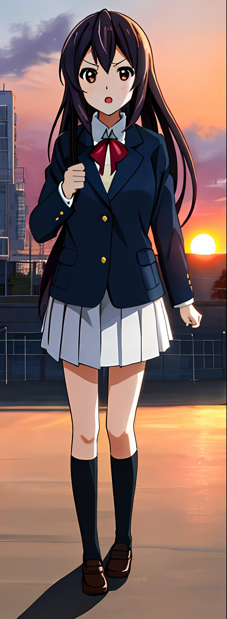 1girl in, (((masterpiece))), top-quality, top-quality, high details, nakano azusa, 1girl in, Sakuragaoka High School Uniform, student clothes, Twin-tailed, length hair, A dark-haired, Brown-eyed, 独奏, reddish, Dark blue blazer with thin red ribbon, Solid white buttoned shirt under blazer, illustratio, comic strip, Soothing tones, Subdued Color, Soft cinematic light, adobe lightroom, Photolab, nffsw, intricately and hyper-detailed、(((depth of fields))))。(((masterpiece)))。(((top-quality))).)((ultra-detailliert)))。(((illustratio)))。(((Fighting stance))).,(((Gigantic))).Dynamic Focus.(((Skyscrapers))).(((A city scape))).(((Despair face))). Open mouth.(((Evening glow))).(((the setting sun))).(((clench your fists))).(((up chest))).(((Medium chest))).