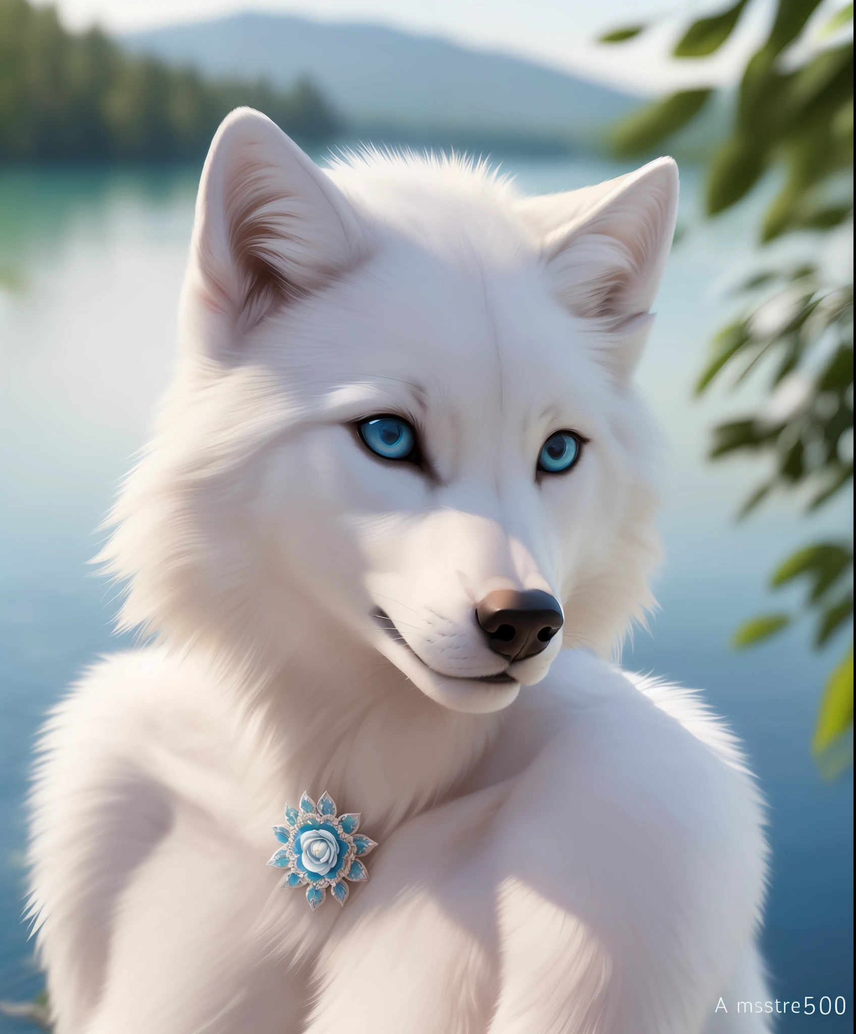 (Highest Quality, 4k, masterpiece, Amazing Details:1.1), laying near a lake,medium breast. deep blue eyes,, (full body:1.3)  Shallow Depth of Field, E671, lens 50mm f/2.0, (( anthro white wolf female)), thin eyebrows, wavy short hair with flower hair ornament, (realistic white fur, detailed fur texture:1.2), ((photorealistic) (RAW Photo))