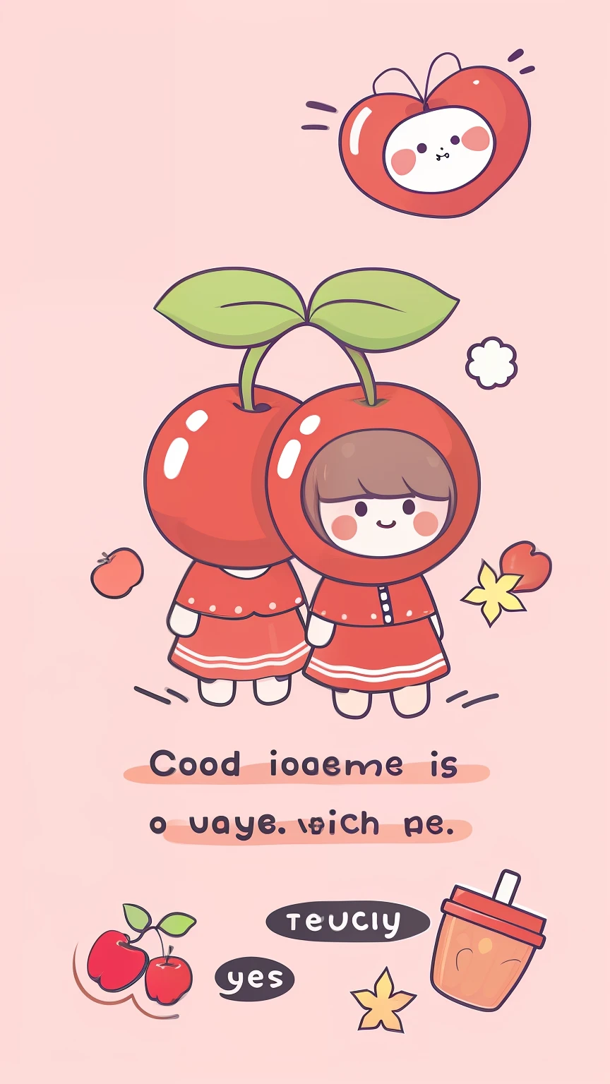 There is a caricature,Two men dressed in red hold apples, with apple, 🍁 Cute, lovely art style, Cute cartoon, hand painted cartoon art style, cute character, cute kawaii girls, cute illustration, with cute - fine - face, cute artwork, adorable digital art, Cute cartoon character, official fanart, Cute cute, Cute girls, cutecore, Cute features