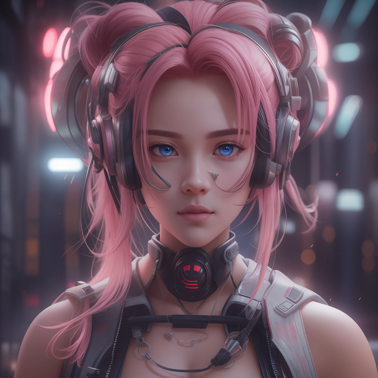 （Masterpiece of ultra-detailed quality，Hyper-realistic，CG 、 8K），（cyber punk style：1.2，Urban dystopian style:1.1），（cinematic lighitnglamplight，Best quality backlight），清晰的线条，Clear focus，offcial art，（Natural wavy updo playful girl、eBlue eyes、Pink hair [1.1] ，with a round face、natural saggy breasts、Full cleavage，Mechanically modified neck and hands，perfect hand，美丽细致的眼睛，Perfect for face and head wear），Side facing the audience，blender、C4D，dribbble、behans,Network 2077