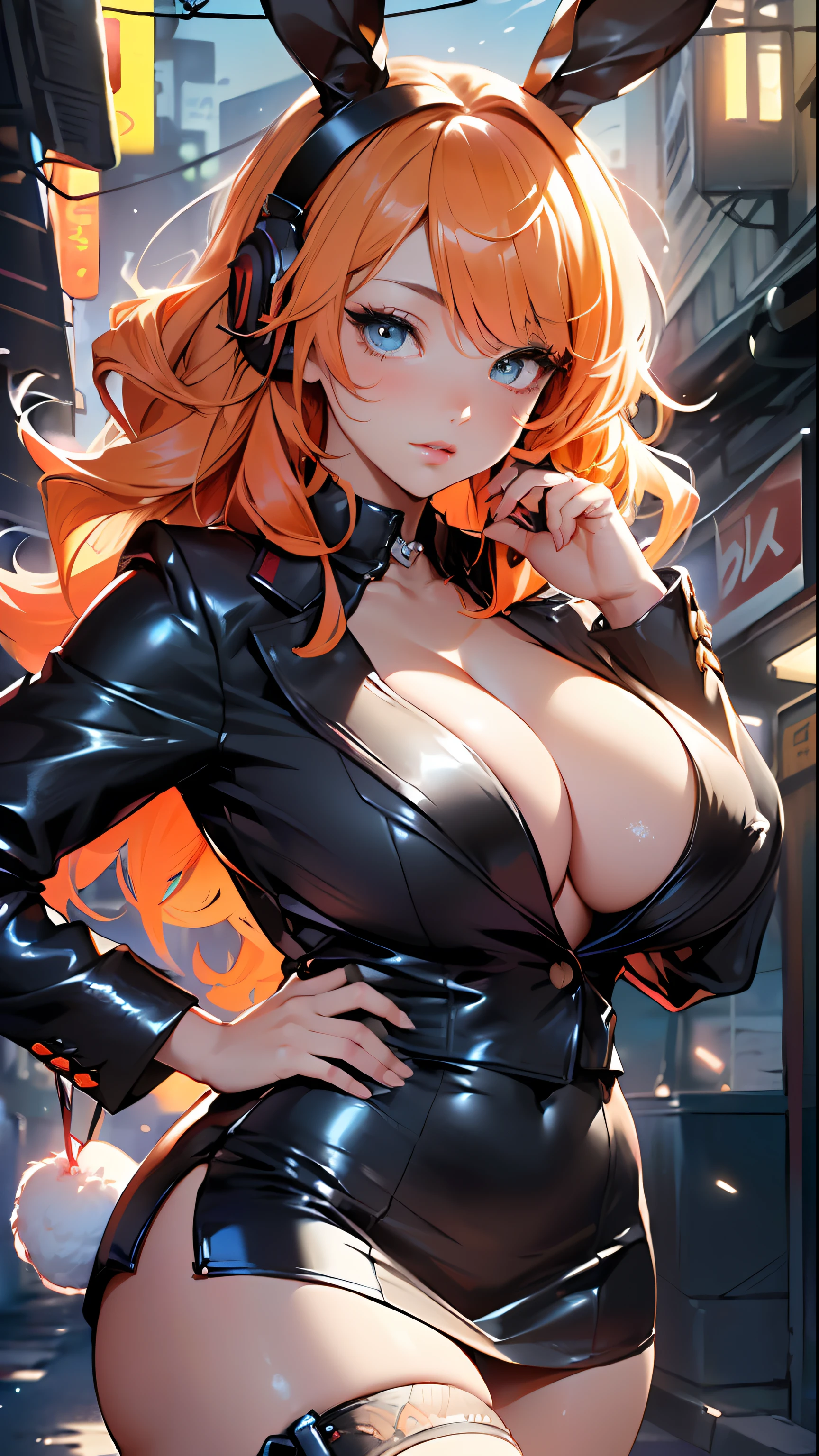 cute bunny girl,(((1girl))),((anime bunny girl with extremely cute and beautiful orange hair walking seductively down the street)),(((bunny girl,anthro furry cute,bunny-girl))),(((bunny ears,bunny ears on head,big bunny ears))),


(large breasts:1.4),saggy breasts,(((red orange:1.35,white lock,colored inner hair,ear breathing,large hair))),((heterochromia, eye1 red, eye2 orange, perfect eyes, upturned eyes:1.3, beautiful detailed eyes, finely detailed beautiful eyes:1, big highlight on eyes:1.2, slanted eyes)), ((fat)),(((lustrous skin:1.5,bright skin: 1.5,skin tanned,shiny skin,very shiny skin,shiny body,plastic glitter skin,exaggerated shiny skin))),(spider lower abdomen,narrow waist,wide hip,athletic body,inflated legs,delicate detailed fingers,detailed body,detailed arms,human hands, detailed hands),

cute,slutty,seductive,erotic,nsfw, 

(((wearing dark red formal blazer, short skirt,))), (((huge cleavage))), (detailed outfit,detailed clothes),

(dynamic pose:1.0), solo focus, embarrassed, centered, scale to fit dimensions, Rule of thirds,

outdoors, ((night view)), (cyberpunk night street Background: 1.5,dark sky,alleyway,lonely alley,thick clouds, detailed background:1.25),

(best quality), (high resolution), (sharp focus), (ultra detailed), (extremely detailed), (extremely high quality artwork), 8k_wallpaper, (extremely detailed CG 8k),(very fine 8K CG), ((hyper super ultra detailed perfect piece)), flawless, (((masterpiece))), illustration, vibrant colors,  (intricate), High contrast, Selective lighting, Double exposure, HDR (High Dynamic Range), Post-processing, Background blur,